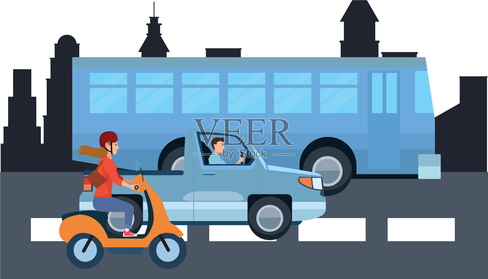 有司机驾驶的车辆和摩托车插画图片素材