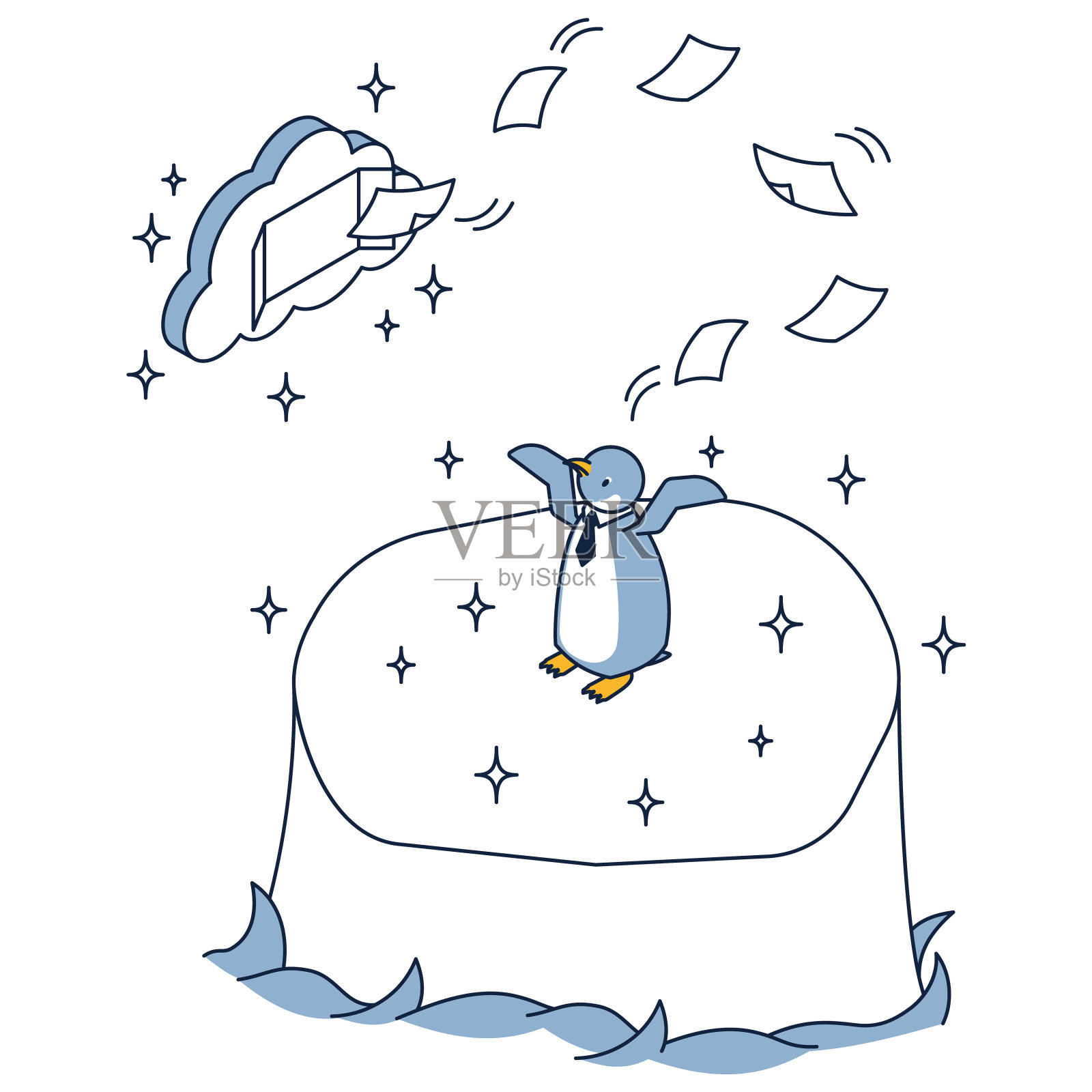 一个舒适的企鹅等距图，它将文档存储在云端，变得无纸化插画图片素材