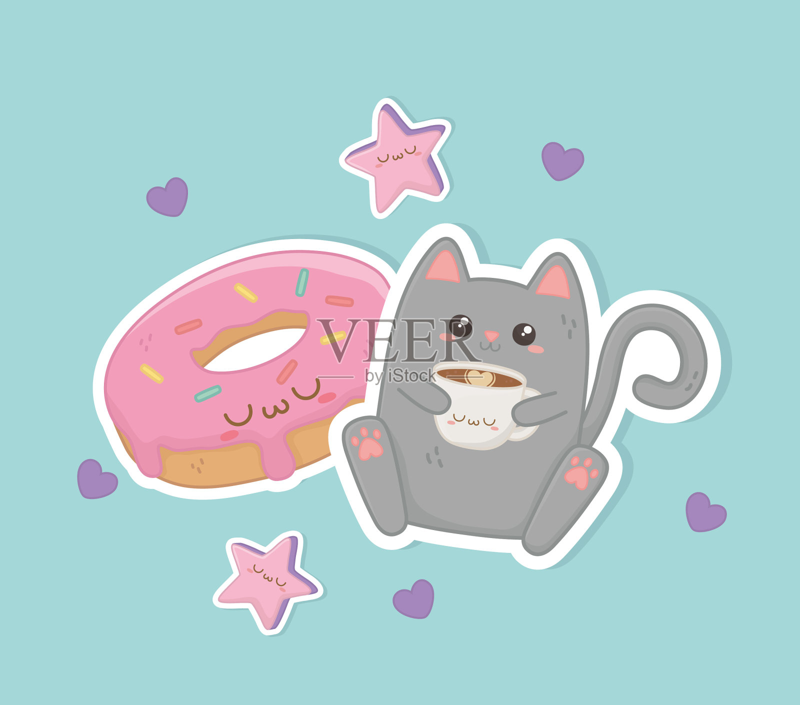 可爱的猫与咖啡和甜甜圈可爱的性格插画图片素材