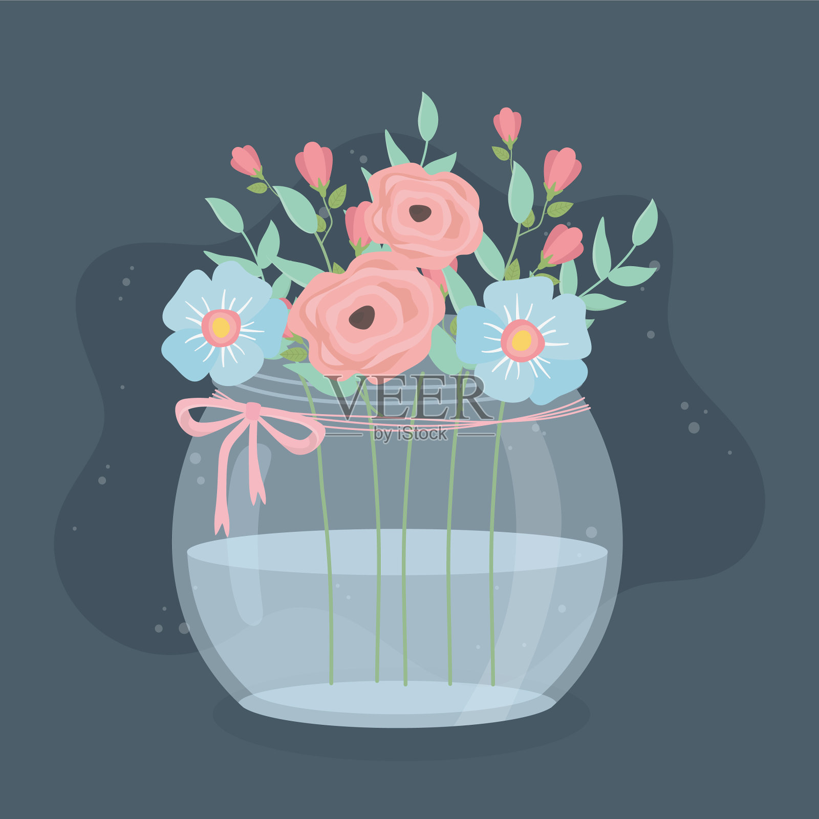 玻璃花瓶与花和树叶装饰插画图片素材