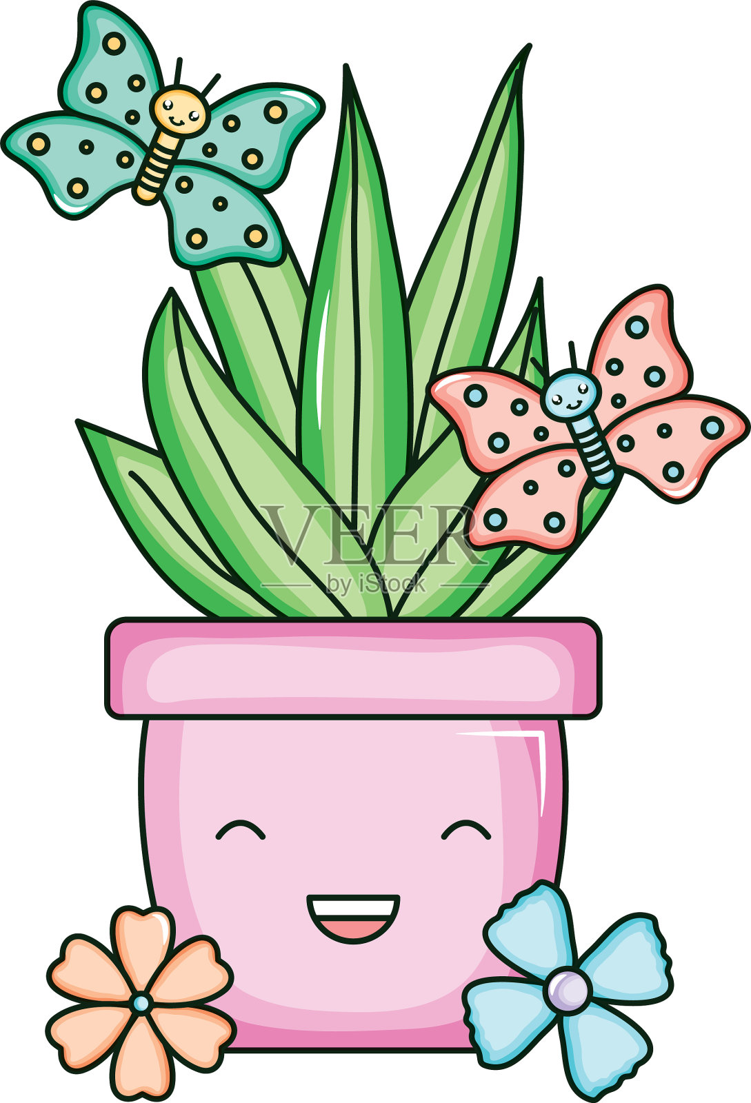 盆栽在陶瓷花盆与蝴蝶卡哇伊设计元素图片