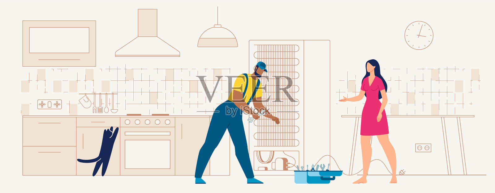 维修人员在厨房修理冰箱设计元素图片