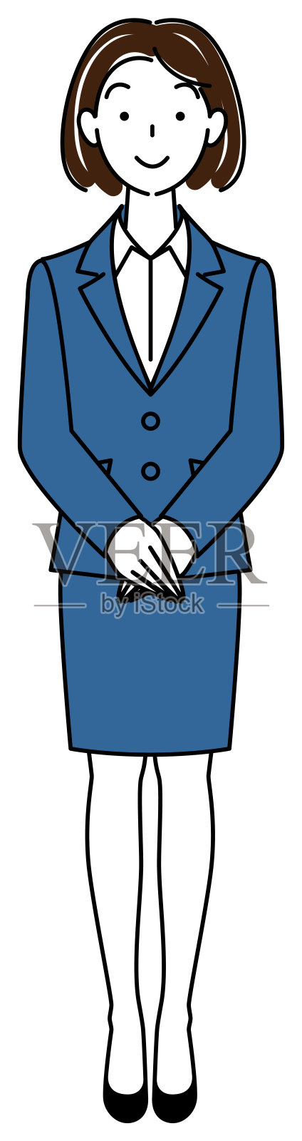 穿着西装的漂亮女人。备用的姿势。右手放在上面，双手交叉。全身站立插图矢量设计元素图片