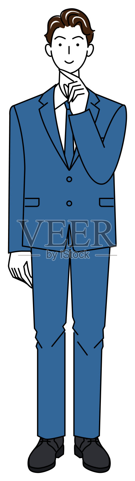 一个西装革面的帅哥在想一个积极的解决方案。全身站立插图矢量插画图片素材