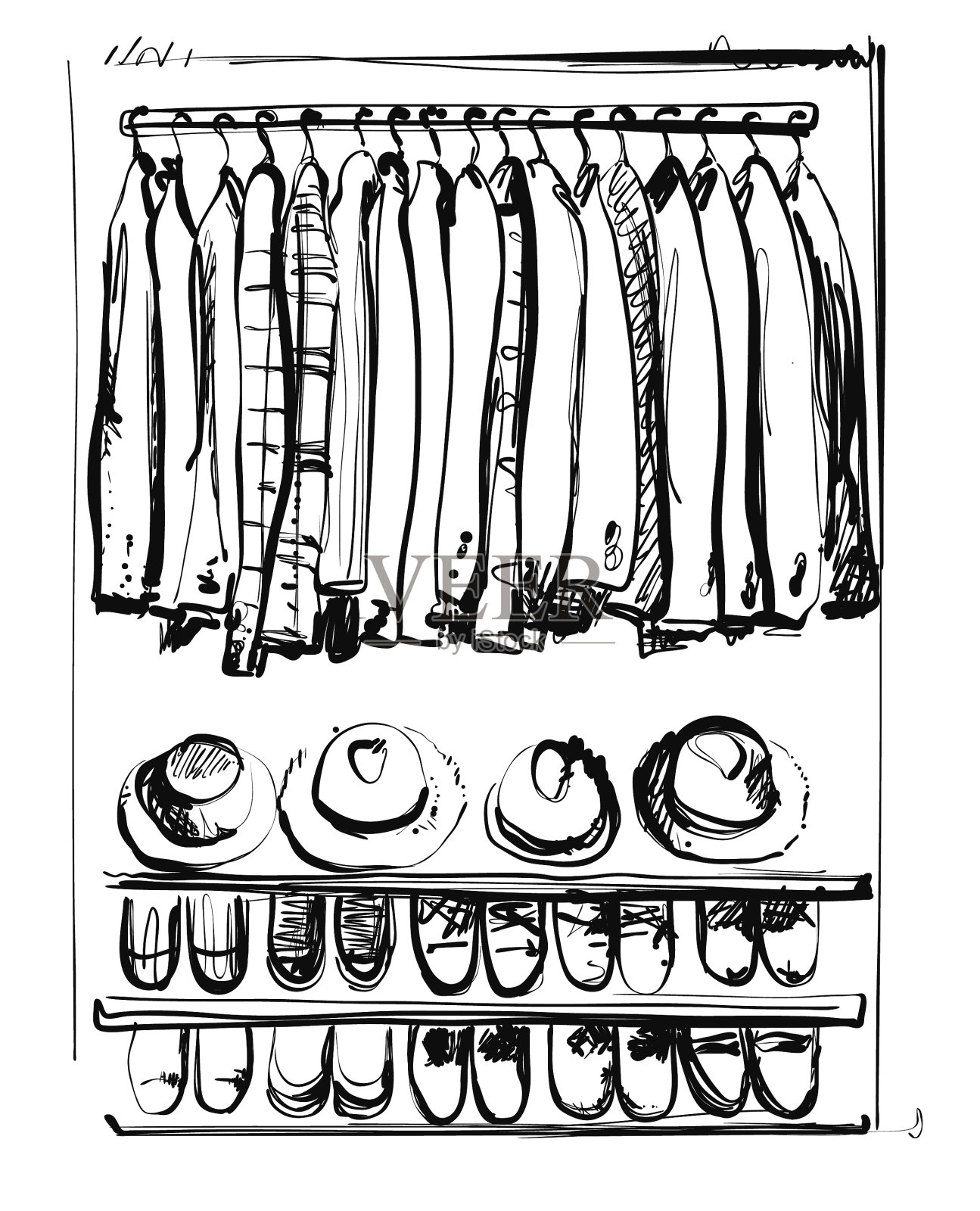 在架子上放着衣服和脚的开放式衣柜设计元素图片