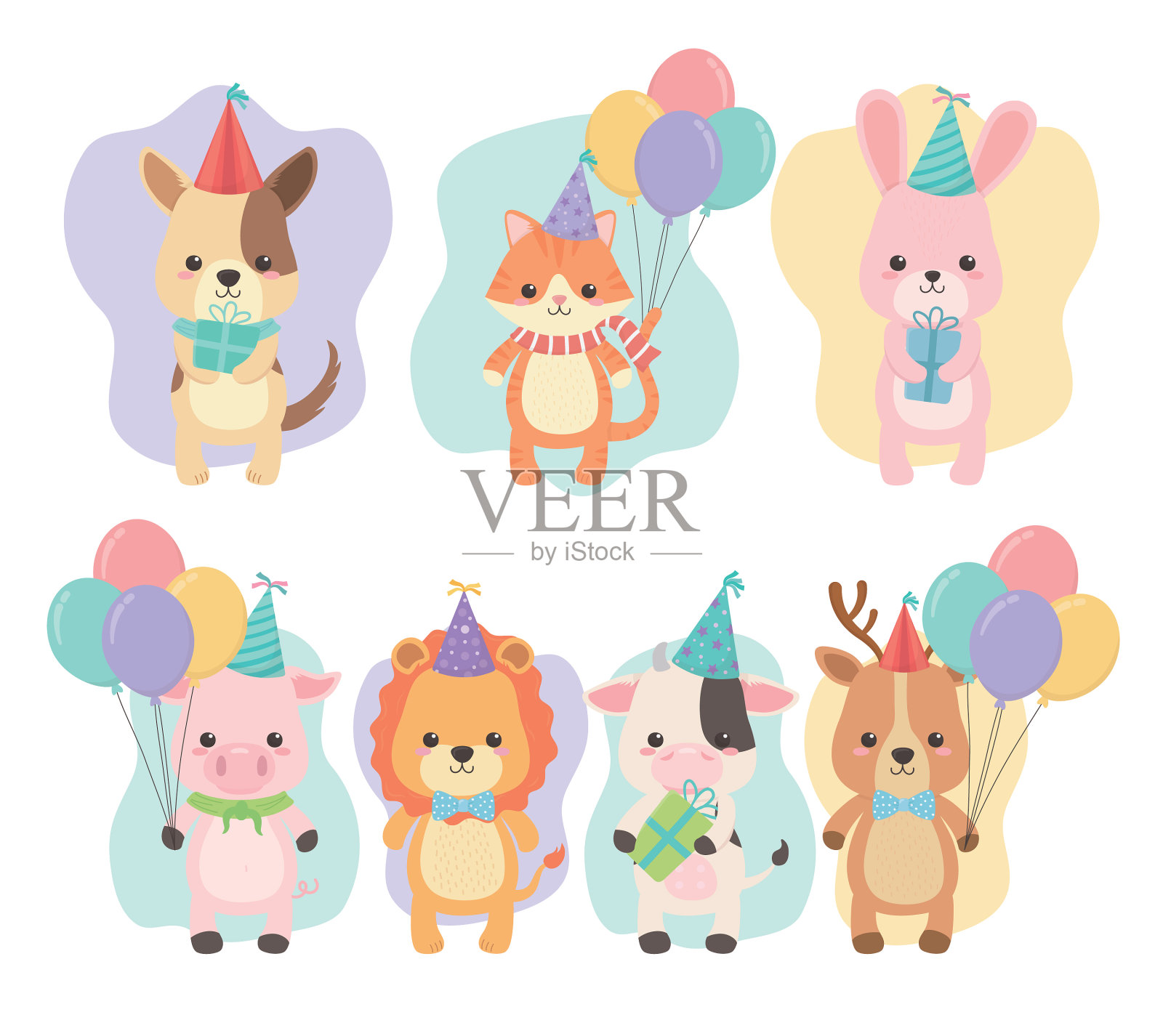 带有小动物人物的生日卡片插画图片素材