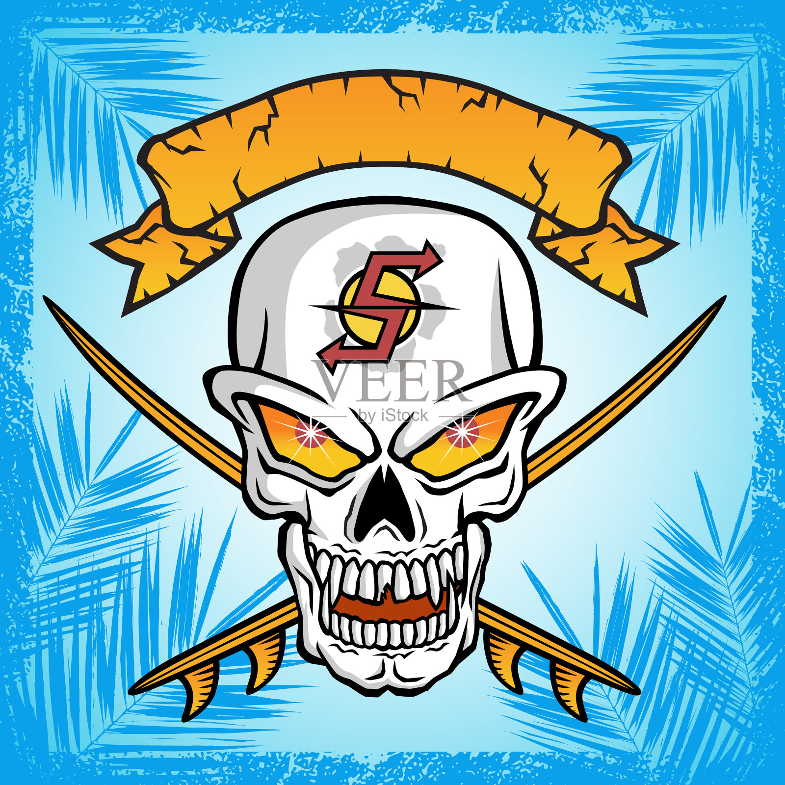 头骨上有两块冲浪板，椰子上有条幅插画图片素材