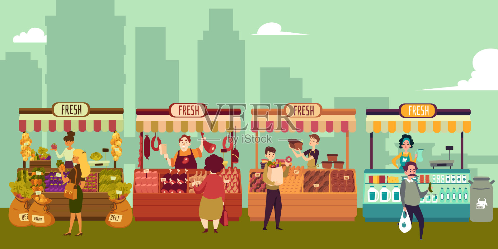 大城市里新鲜食品的当地市场插画图片素材