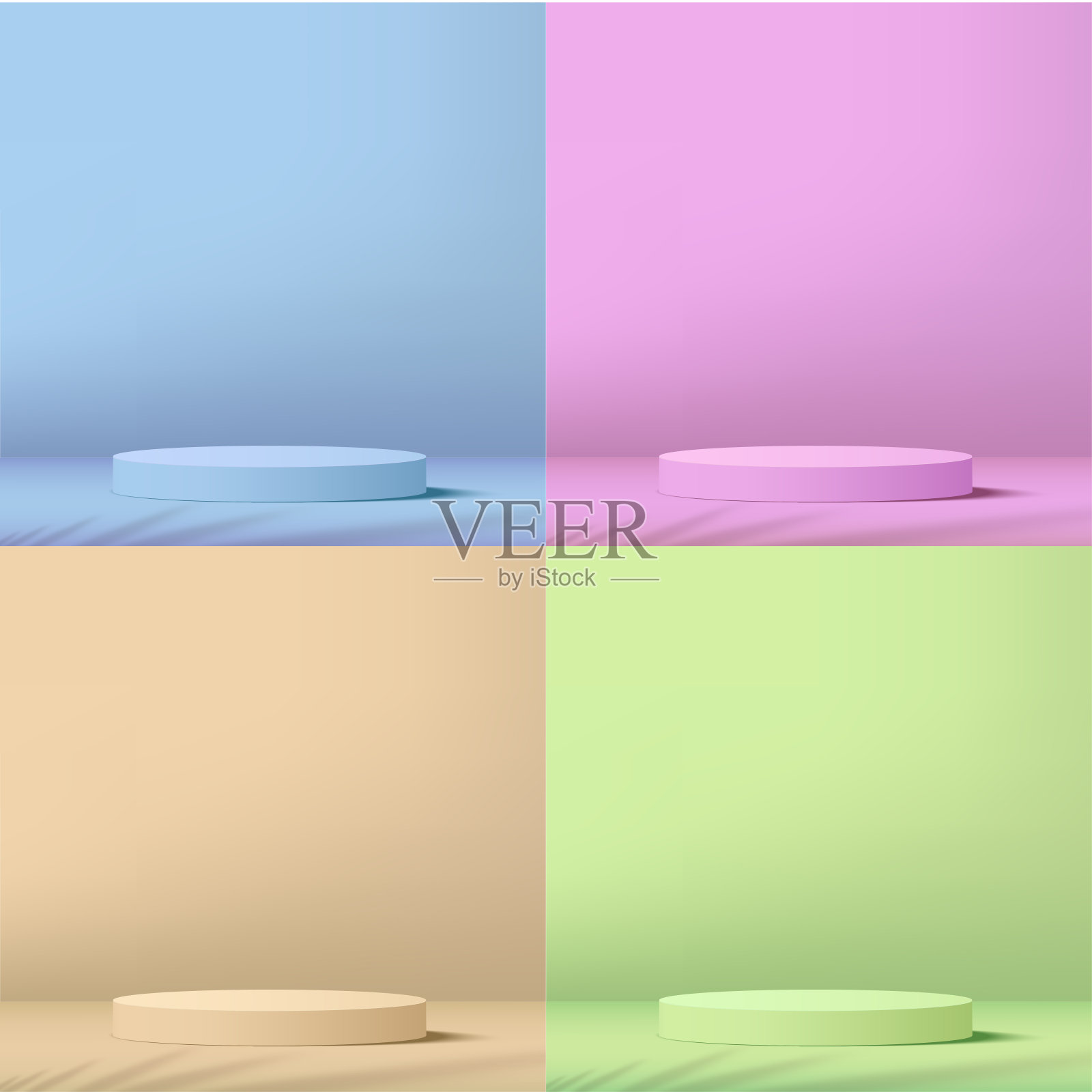 一套抽象工作室房间与彩色的基座平台。向量插画图片素材