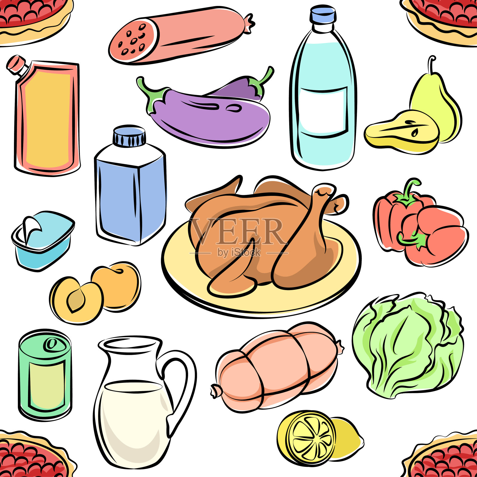 无缝图案的食物。徒手画的涂鸦的食物。粗略的矢量图标。插画图片素材