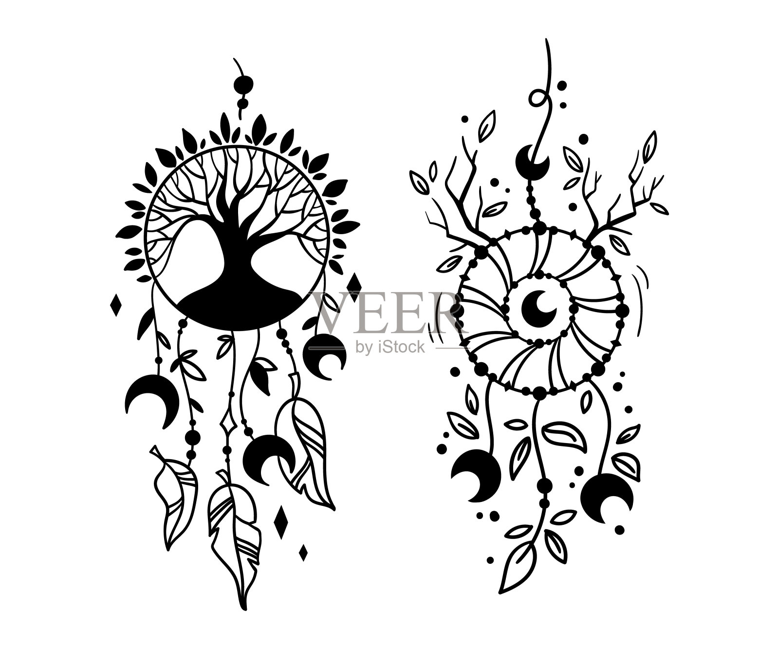 手绘神秘捕梦网孤立剪贴艺术上的白色，黑白线波西米亚捕梦网，天体花卉设计元素向量插画图片素材