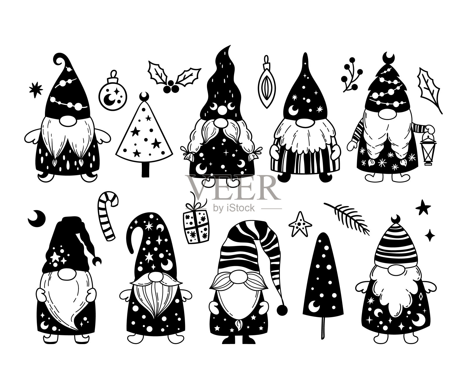 手绘圣诞小矮人黑白束，冬季魔法花园小矮人孤立的剪贴画，可爱的圣诞人物-向量插画图片素材