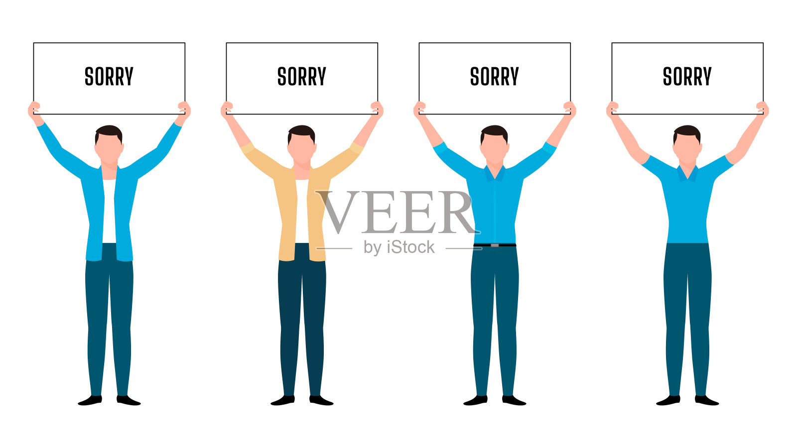 男子持有对不起标志板平面字符插图，人持有板商业字符矢量插图的白色背景。插画图片素材