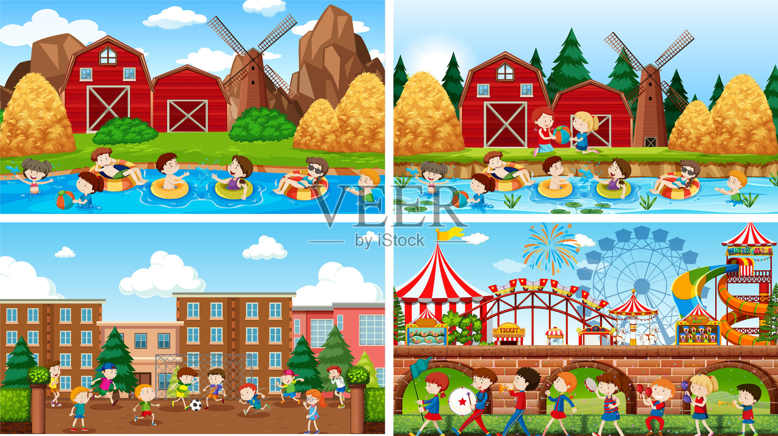 活泼的孩子在户外玩耍插画图片素材