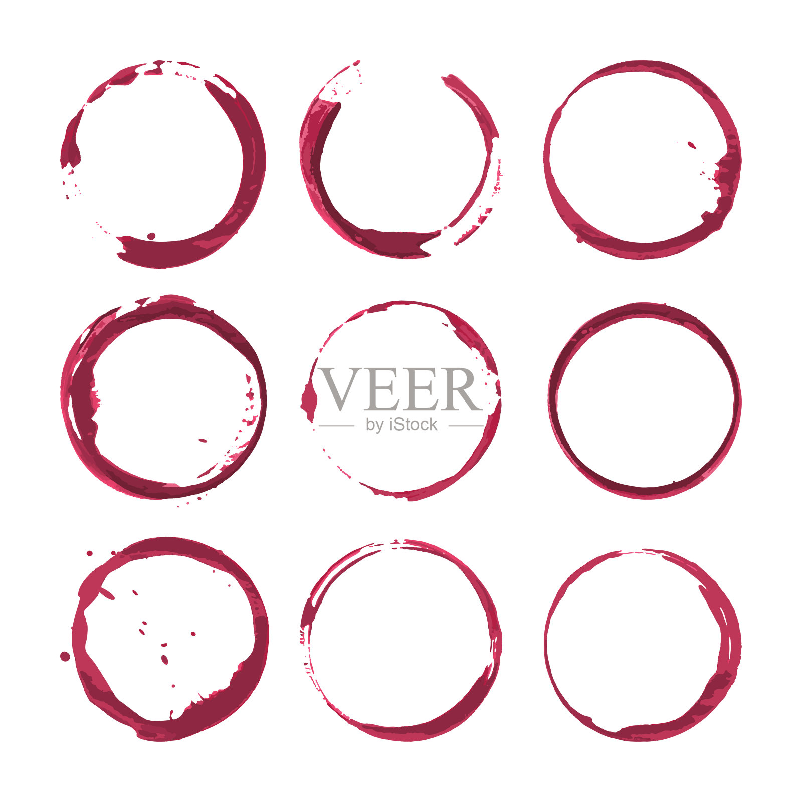 红酒污渍。痕迹葡萄酒飞溅设置。向量。插画图片素材