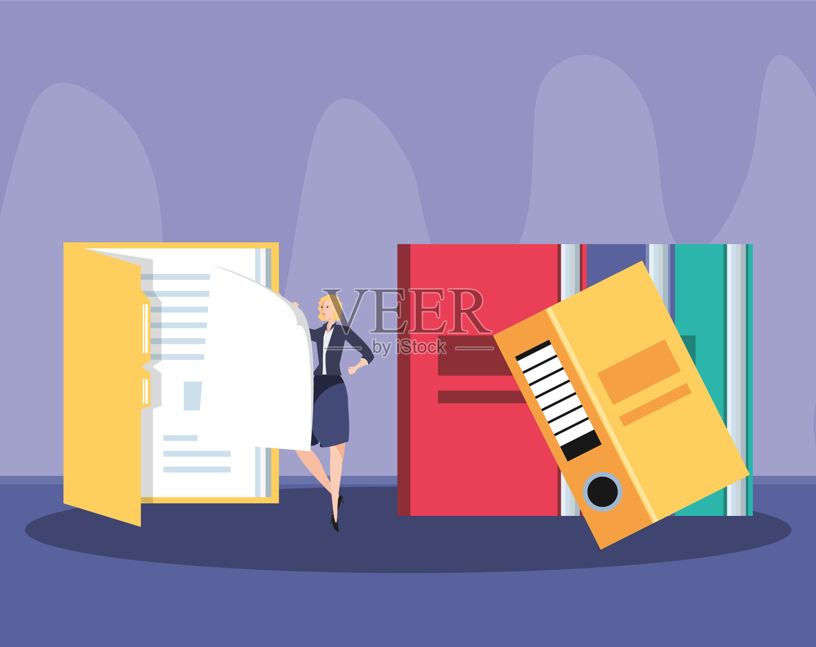 迷你商务女性在工作场所看书插画图片素材