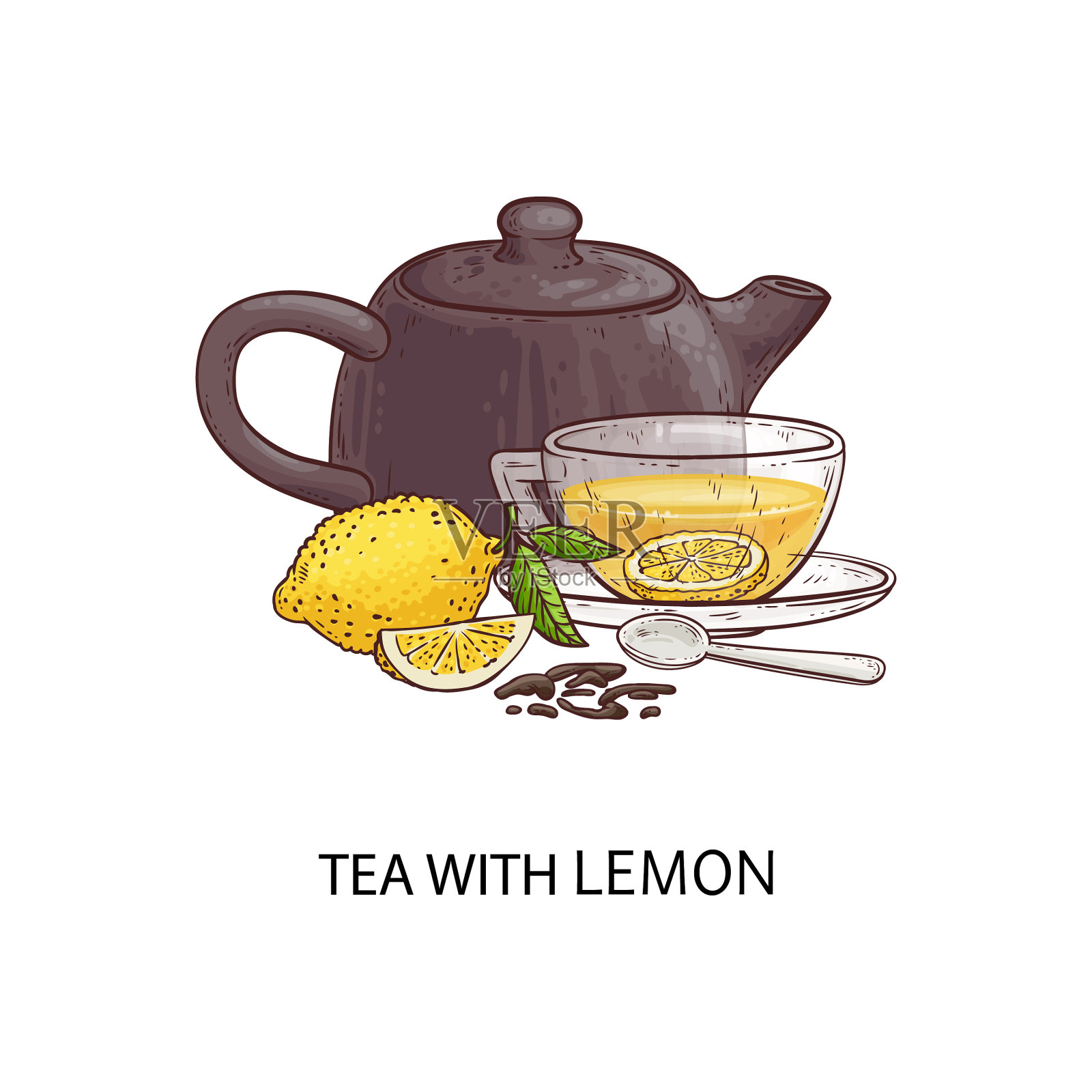 柠檬茶-卡通画玻璃杯插画图片素材