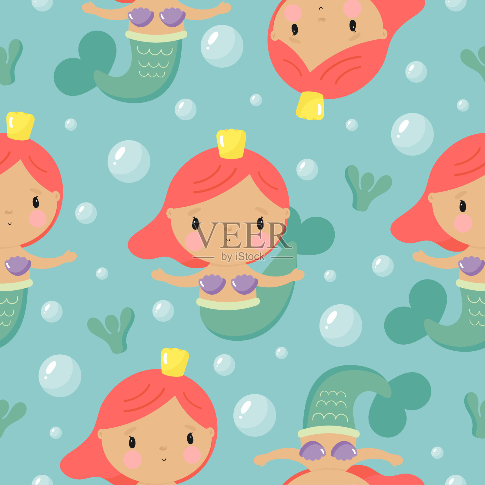 无缝图案与美人鱼。矢量插图。适用于贺卡、海报、横幅、卡片、包装上印刷、衣服、布料、墙纸上印刷。插画图片素材