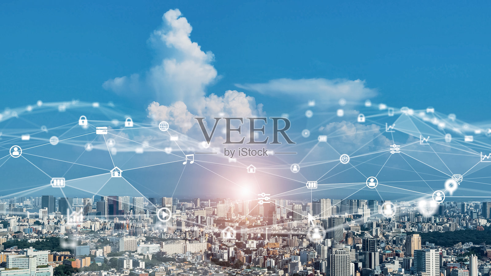 智慧城市与通信网络的概念。5克。物联网。电信。照片摄影图片