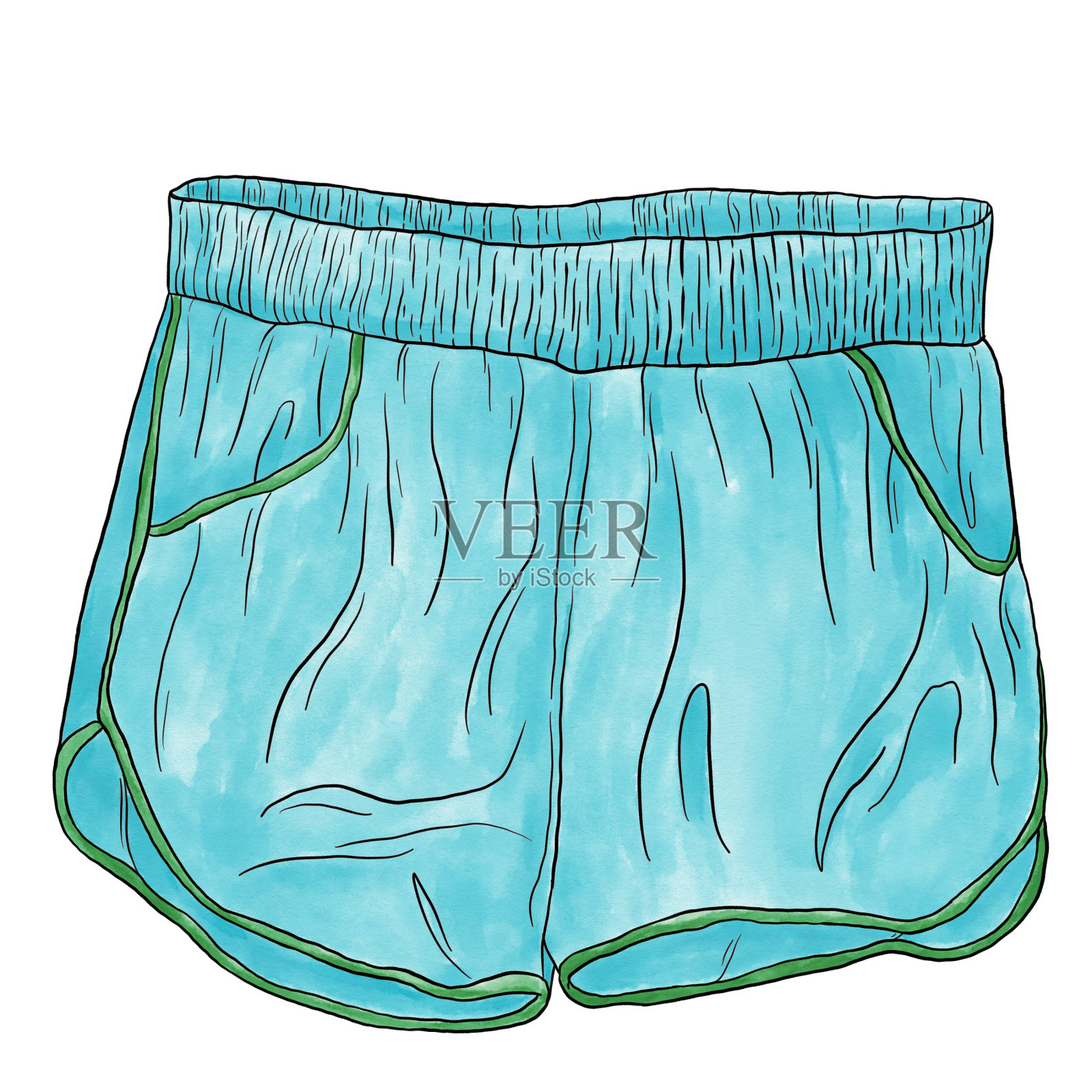 插图短裤，轮廓图，水彩填充蓝色设计元素图片