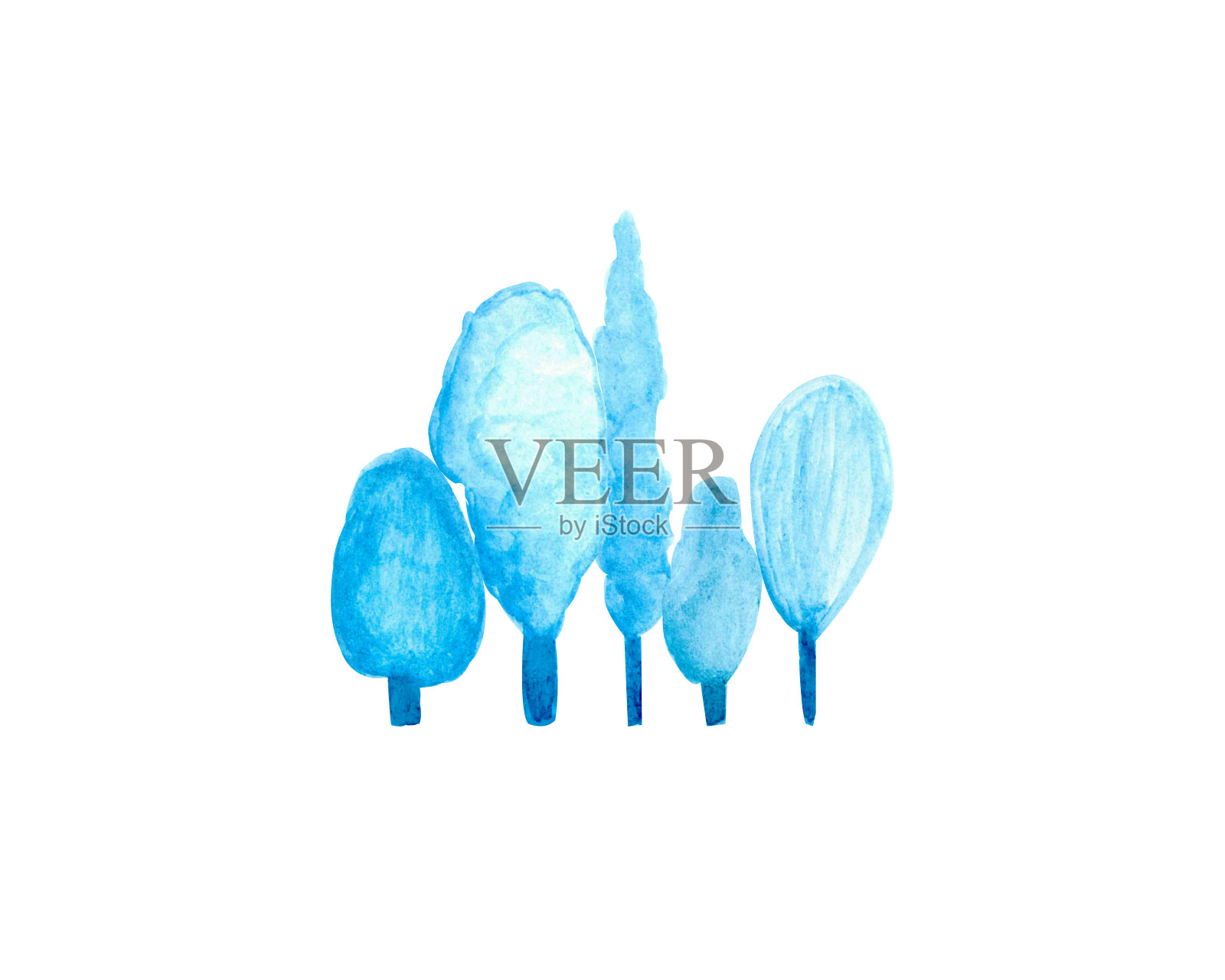 在公园里的蓝色童话树水彩插图，在一个白色的背景上孤立为你的设计，手绘插画图片素材