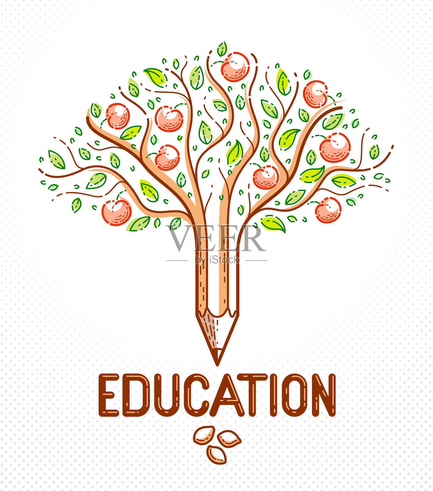 美丽的水果苹果树与铅笔结合插画图片素材