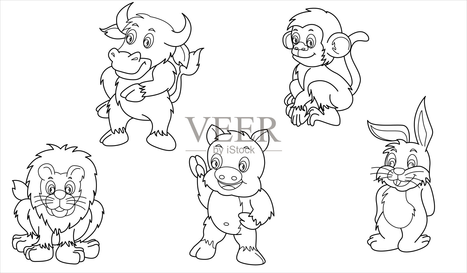 可爱设计动物轮廓向量集39(兔子，猴子，狮子，猪，水牛)插画图片素材