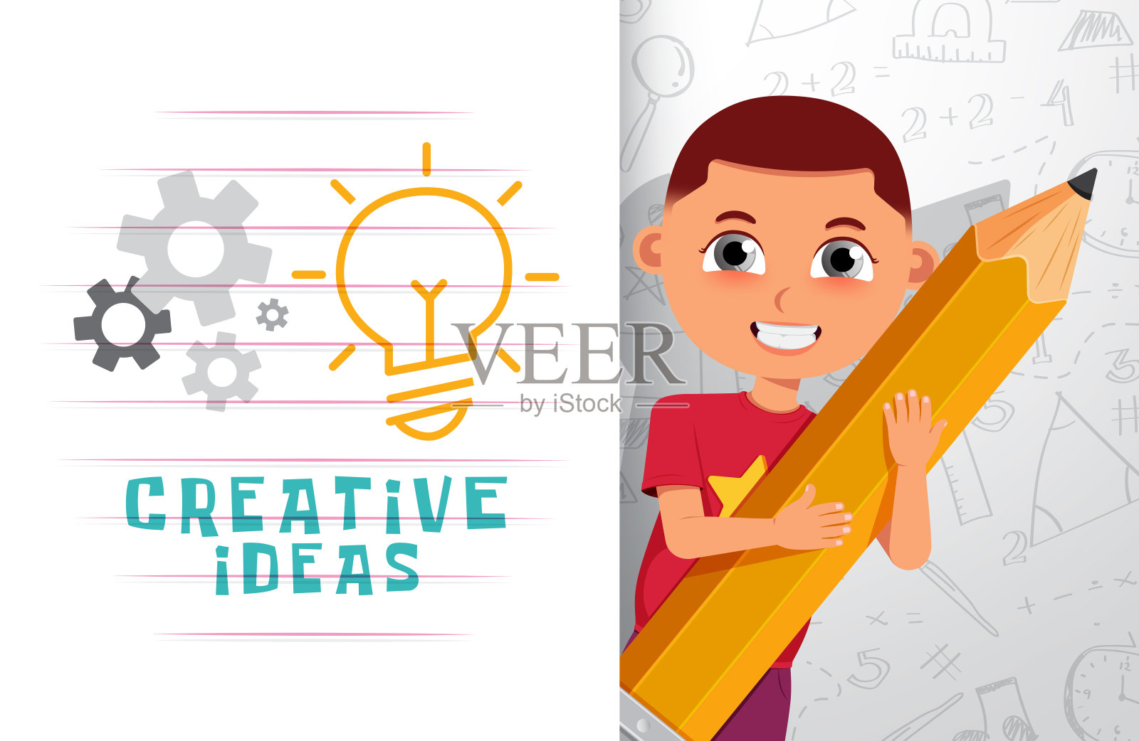 创意学校人物矢量设计。创意文字与男生拿着铅笔在涂鸦画的背景下学习和学习教育友好的性格。插画图片素材