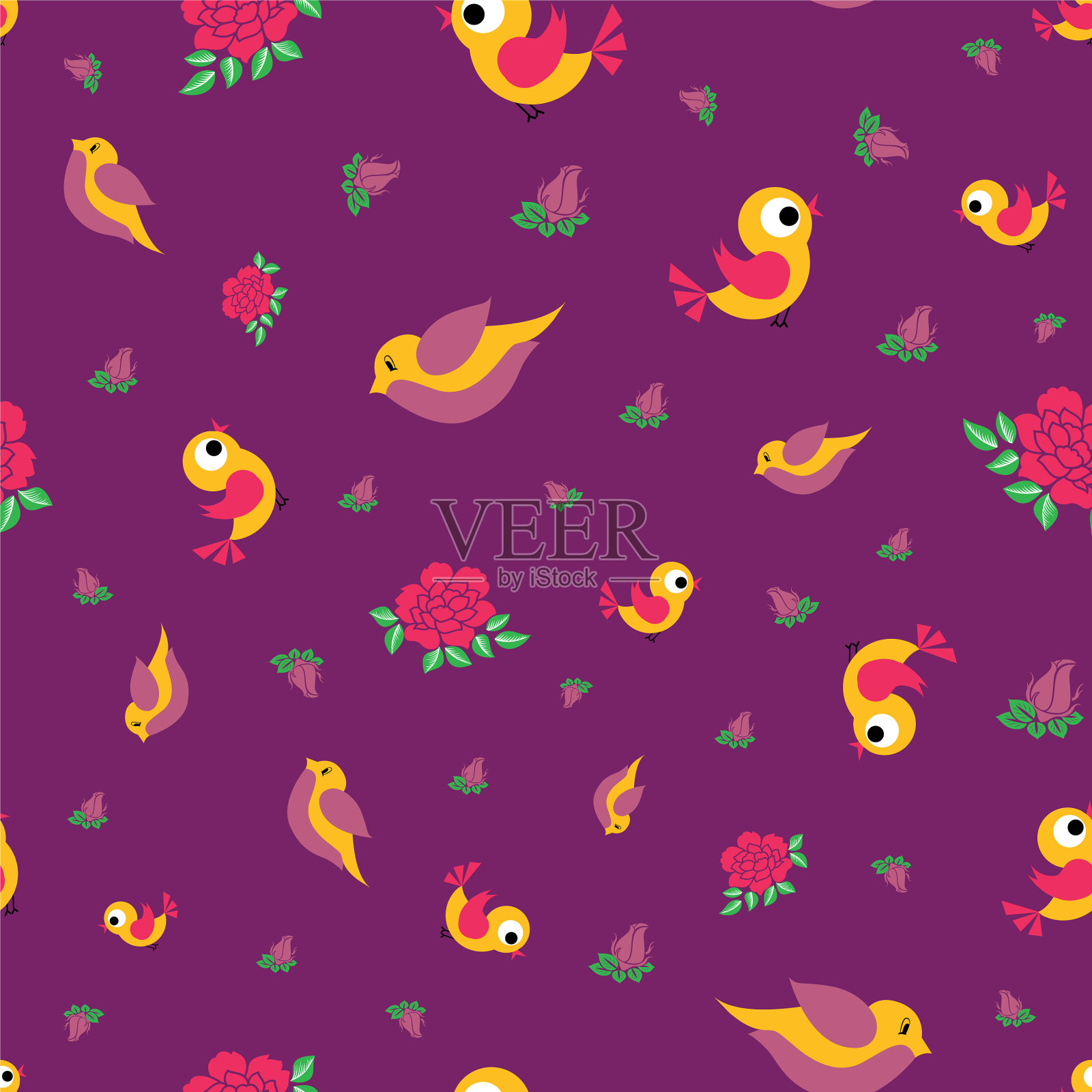 五彩缤纷的鸟儿和可爱的玫瑰无缝连接插画图片素材