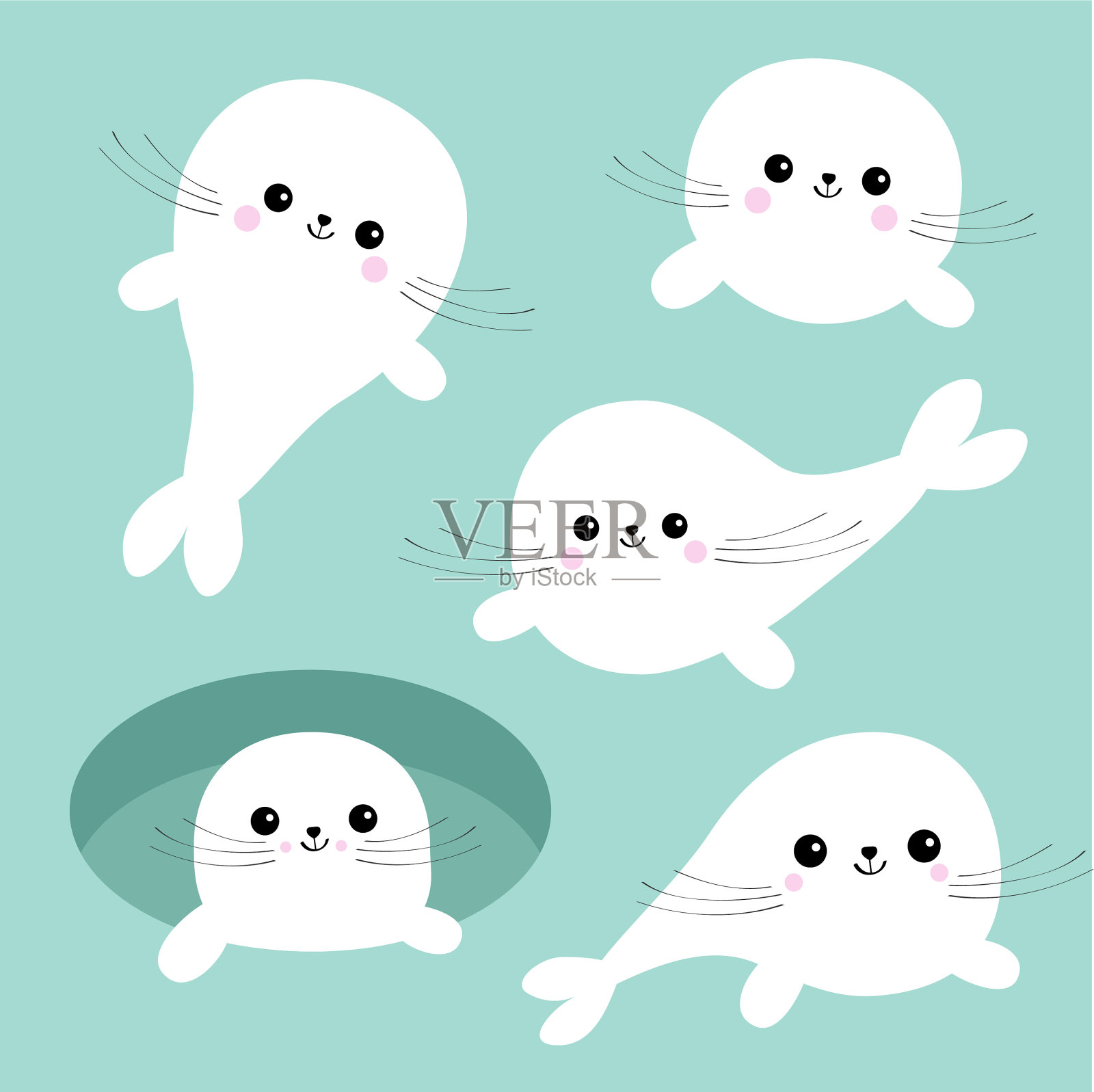 竖琴小海豹设置可爱的卡通人物插画图片素材