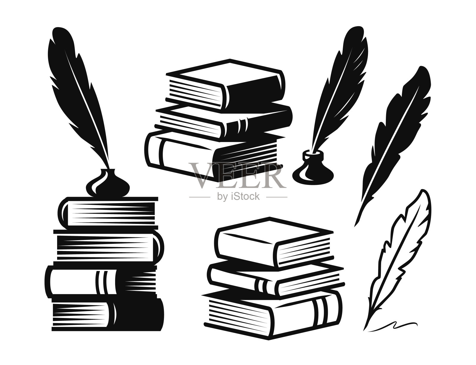 书和羽毛羽毛笔。教育的象征。文学概念向量插画图片素材