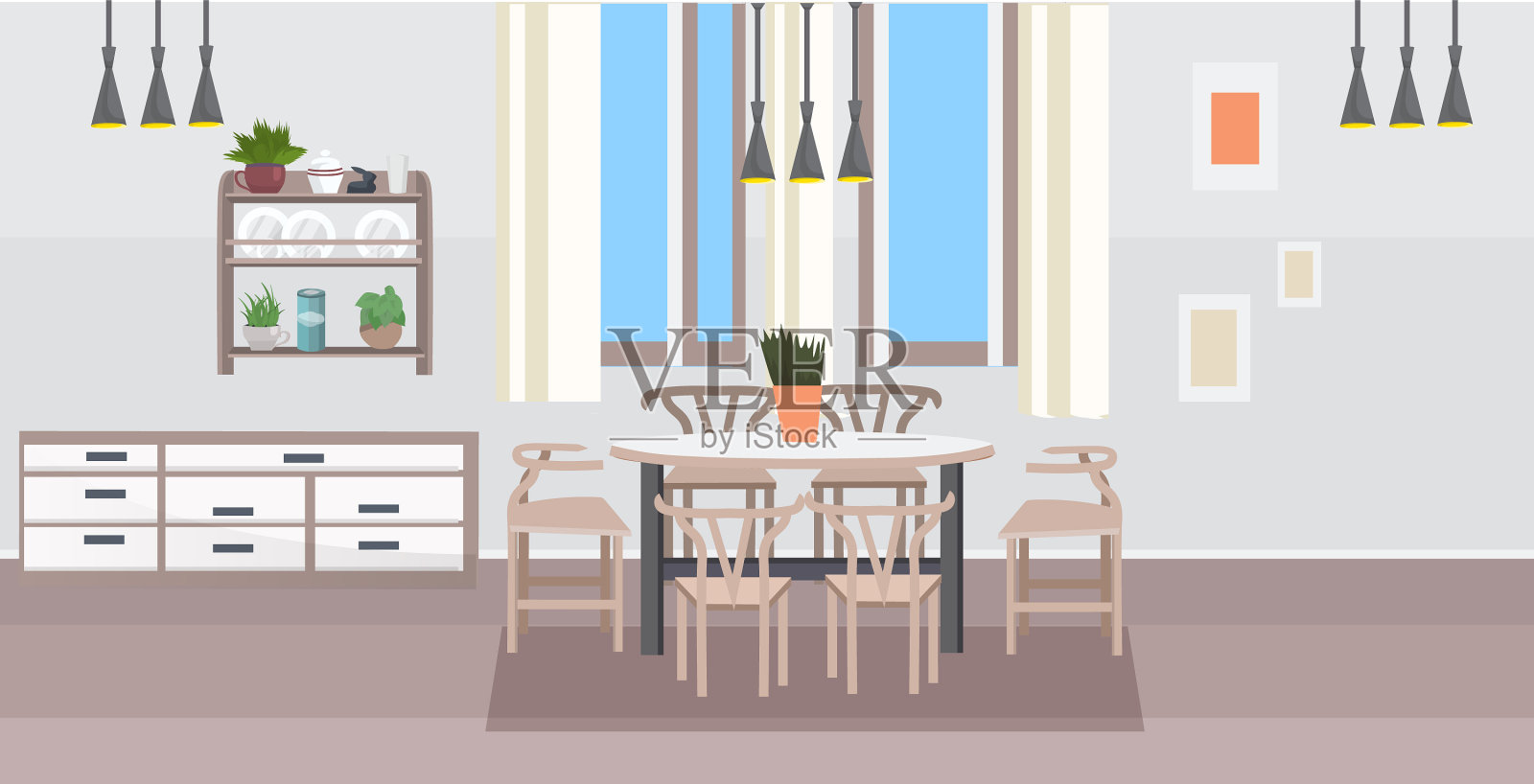 现代厨房内部空无一人用餐插画图片素材