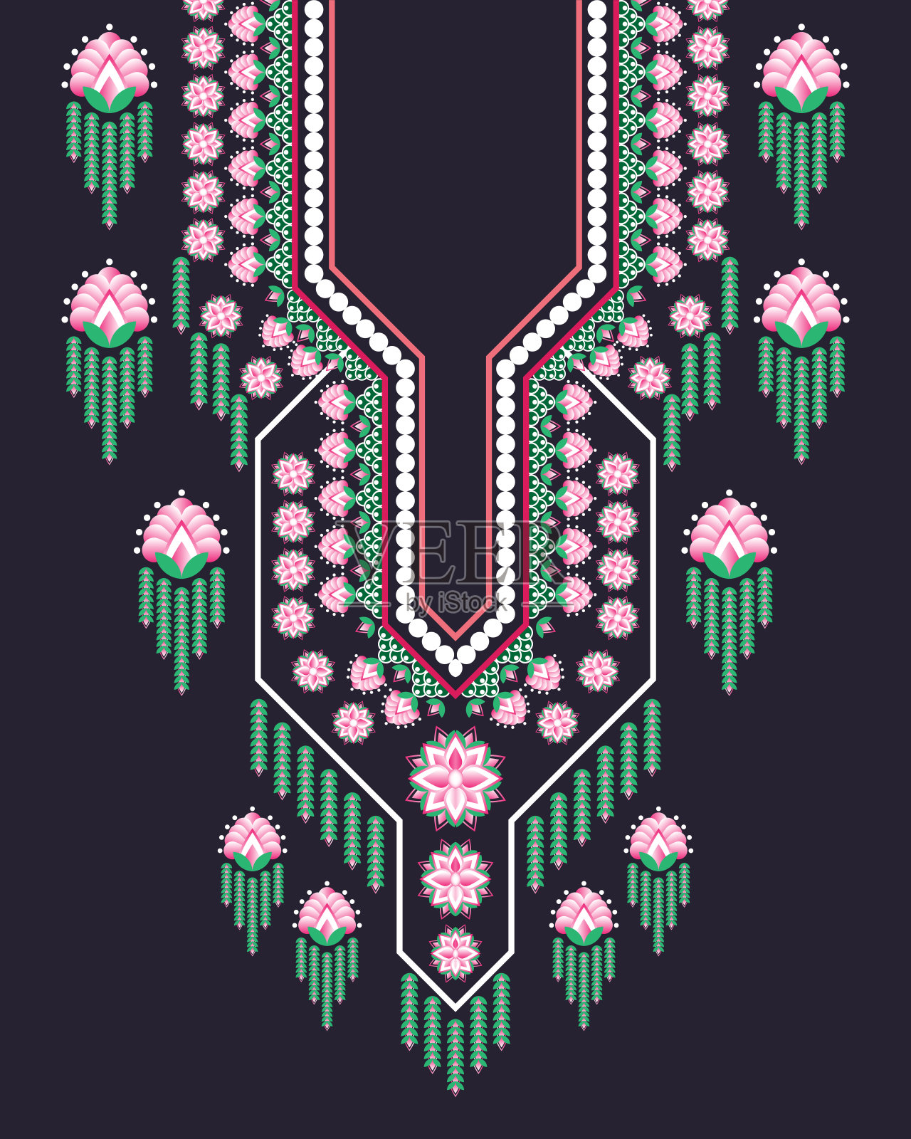 粉红花项链刺绣设计时尚女性。刺绣图案与美丽多彩的几何民族东方领口插画图片素材