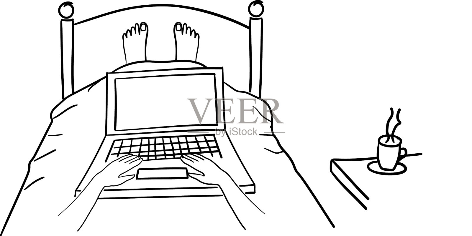 躺在床上拿着笔记本电脑的男人插画图片素材