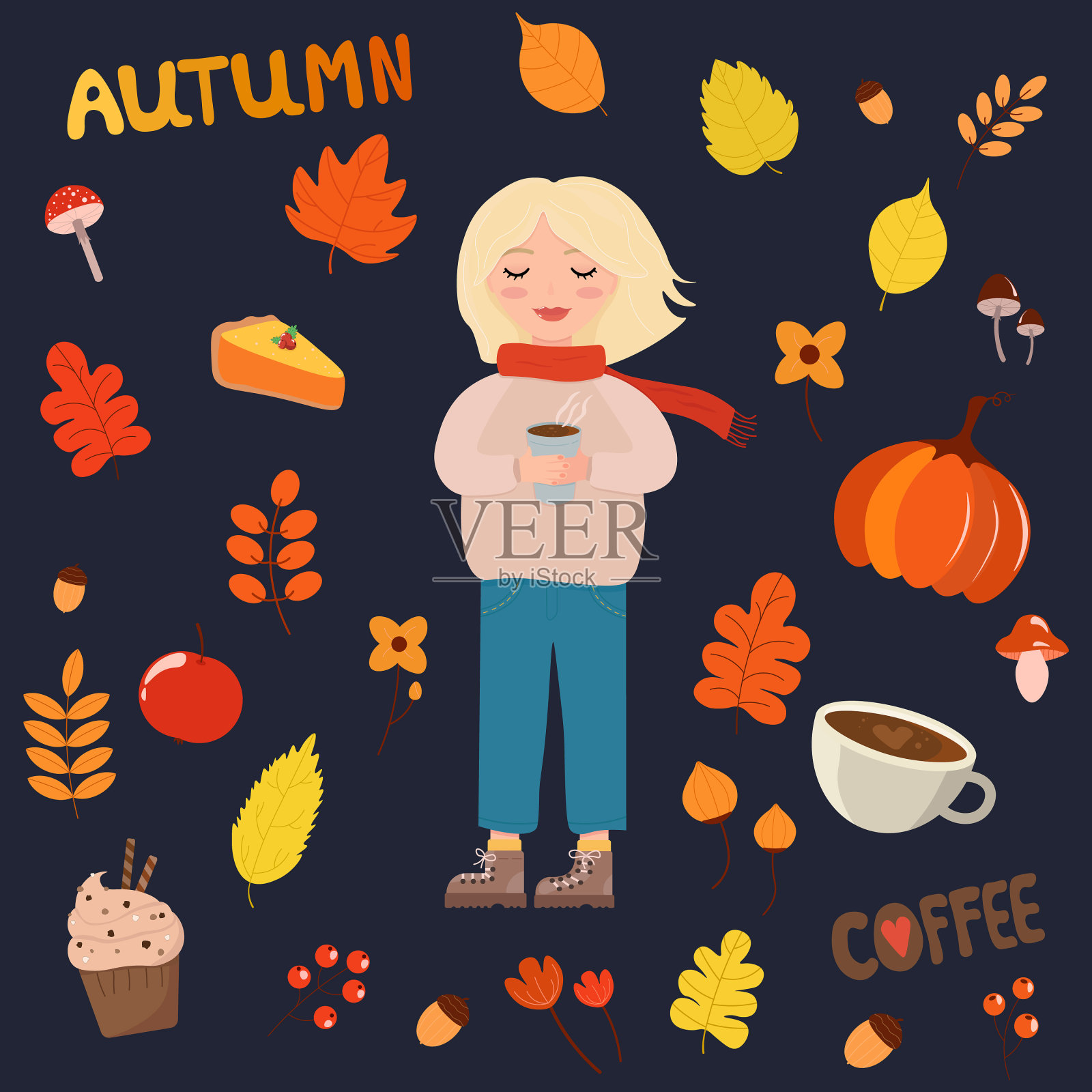 明亮的大秋天，女孩咖啡叶插画图片素材