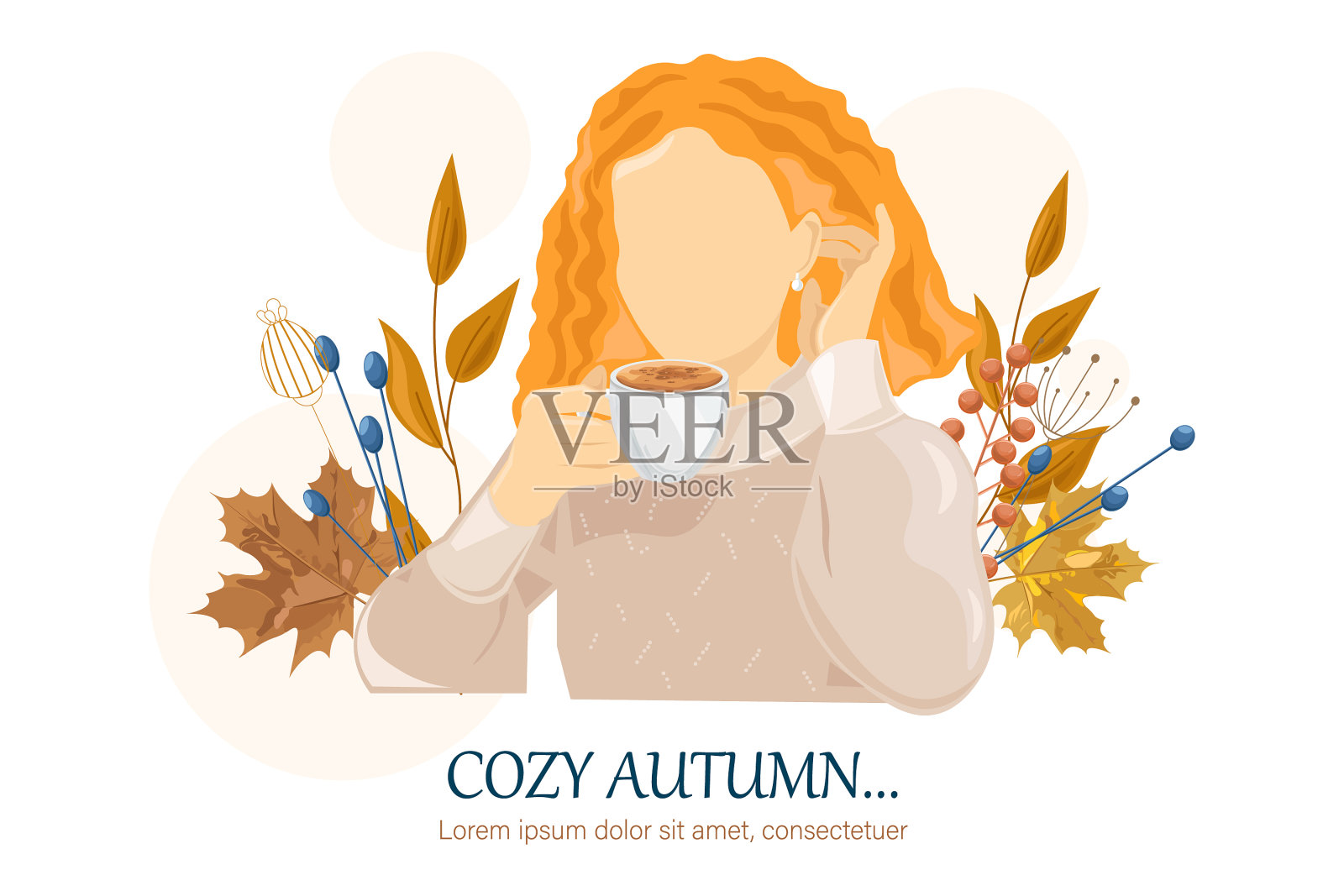 女人喝咖啡秋天平坦的风格插画图片素材