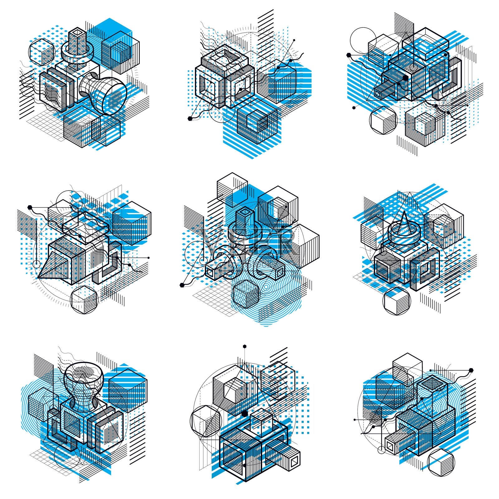 等距抽象与线和不同插画图片素材
