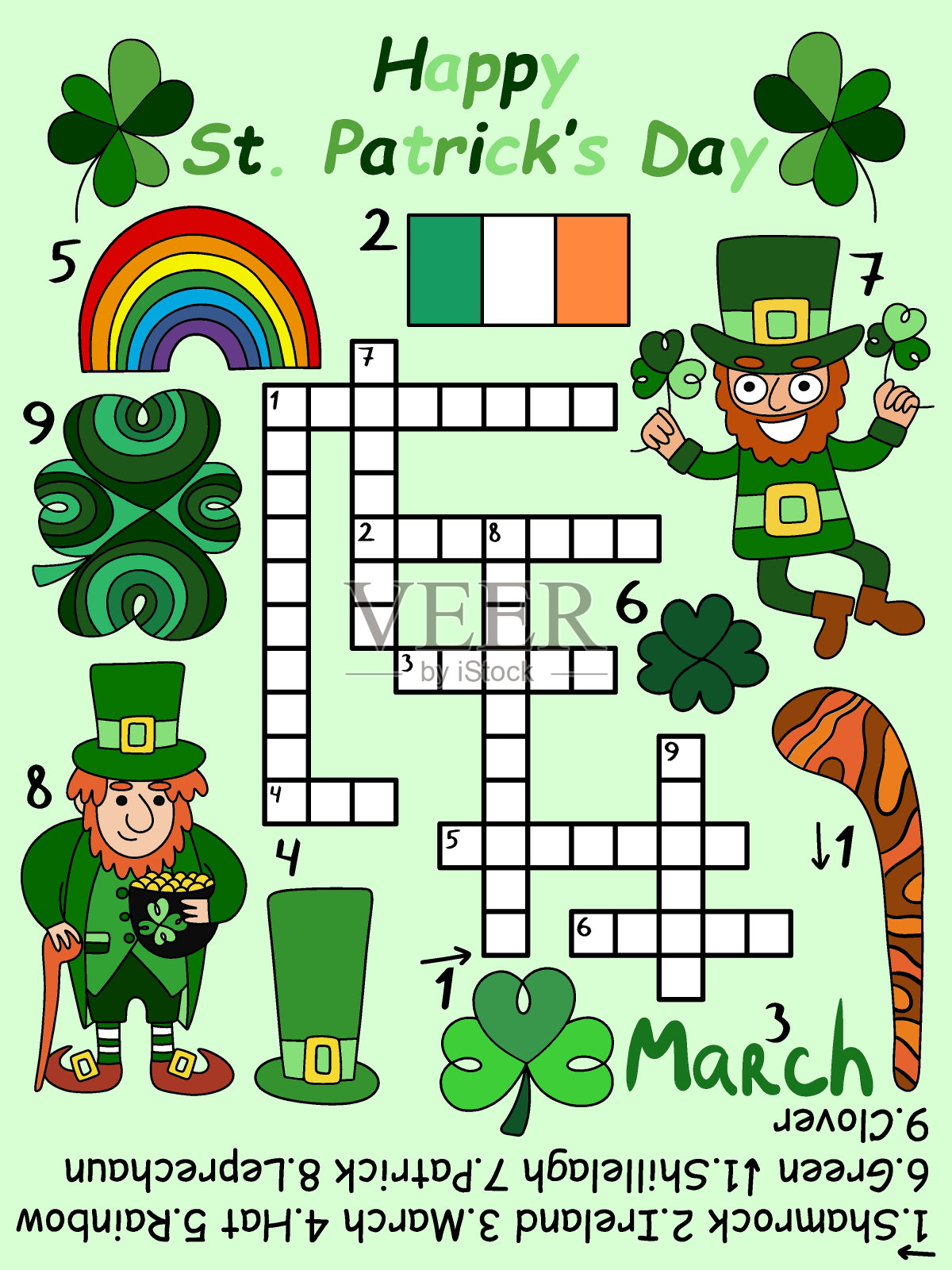 圣帕特里克节复杂的填字游戏与答案向量插图设计元素图片