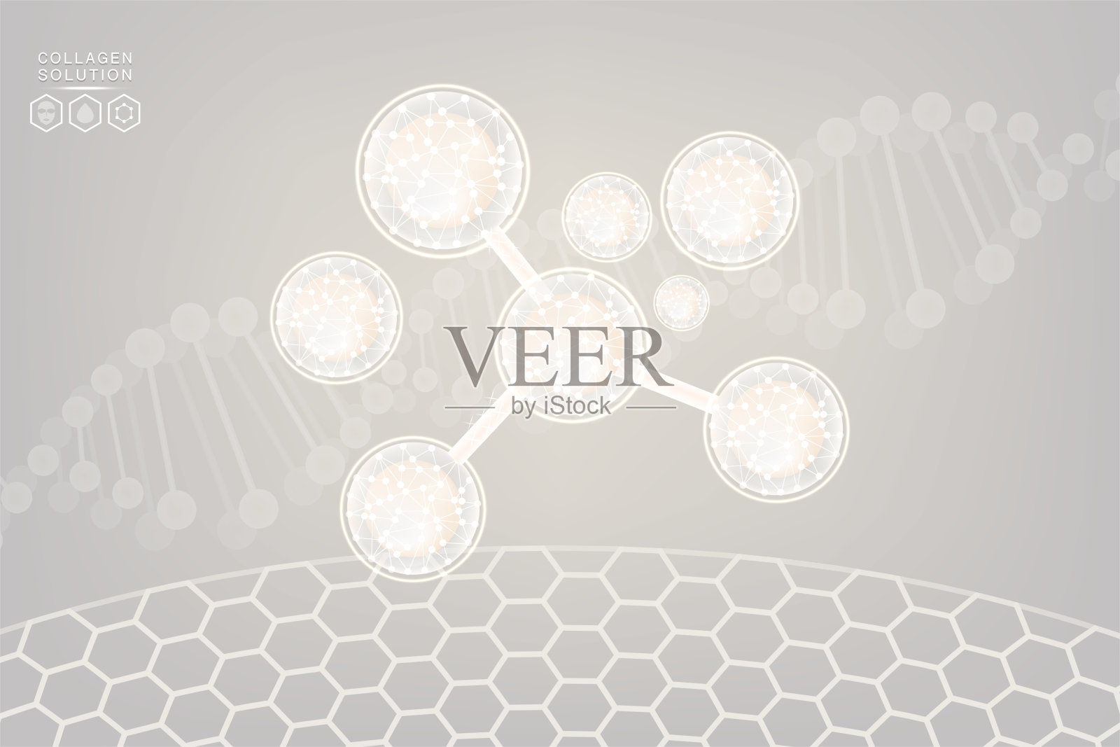 透明质酸头发和皮肤解决方案广告，白色胶原蛋白血清滴皮肤细胞与化妆品广告背景准备使用，插图向量。插画图片素材