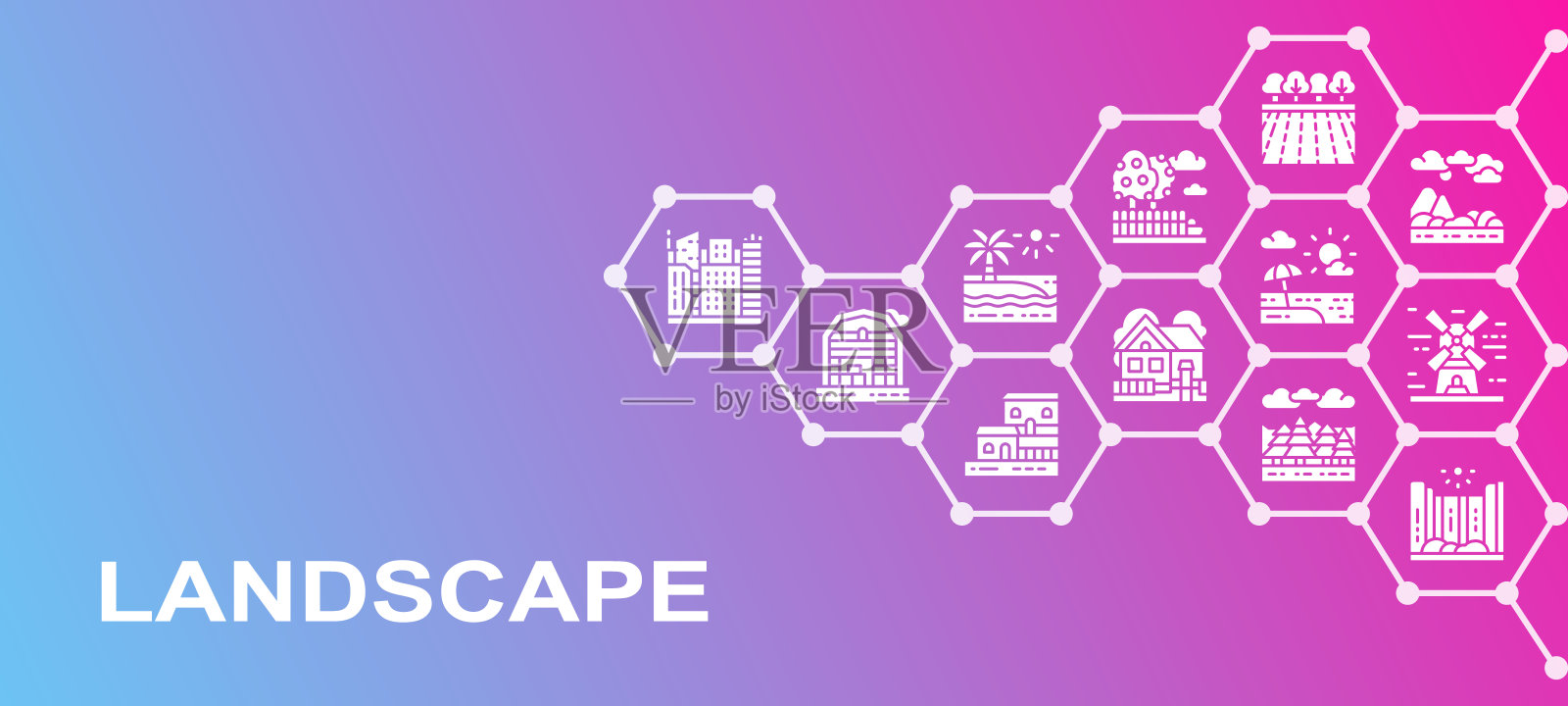 景观推广图标横幅。桥，森林，花园，火山，风车插图。网页横幅布局模板。插画图片素材