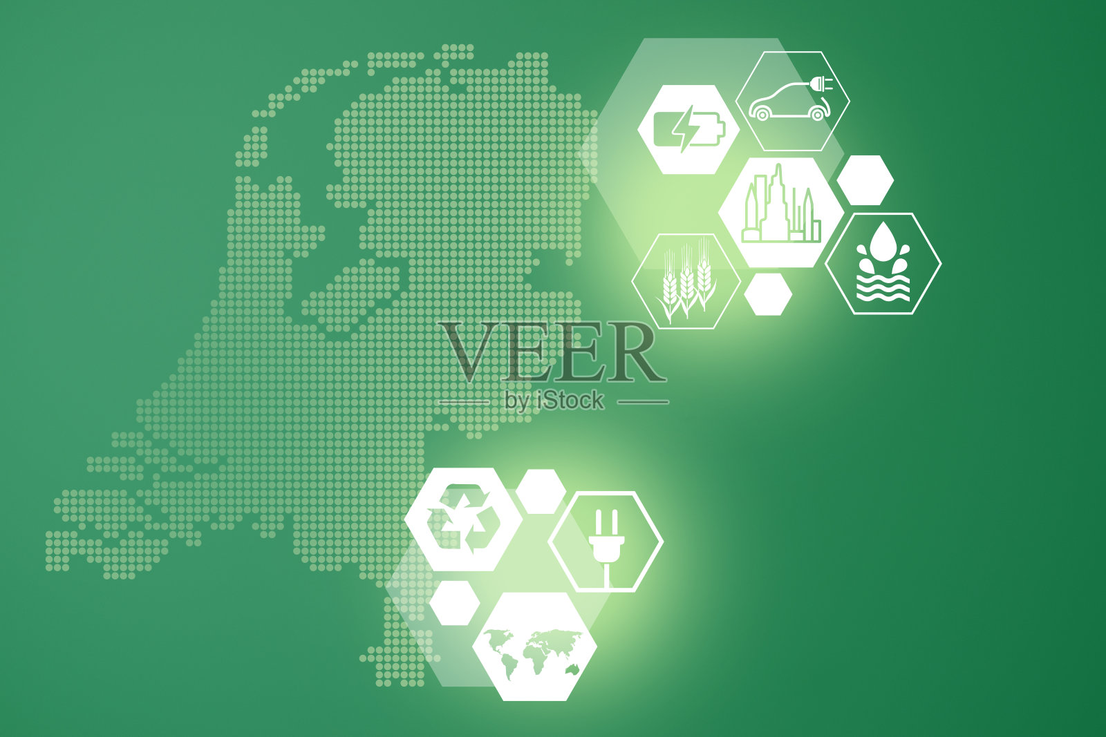 节能的概念。能源创新与未来工业发电图标图形界面。交互式地图上的绿色背景荷兰插画图片素材