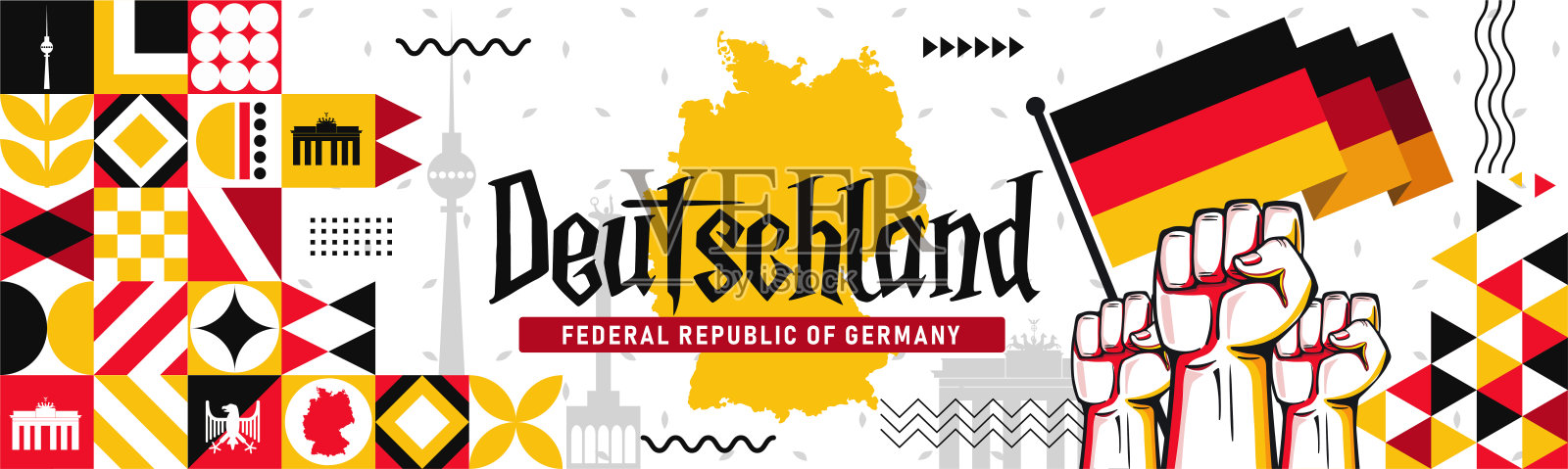 德国国庆日设计与德国国旗，地图和柏林地标。插画图片素材