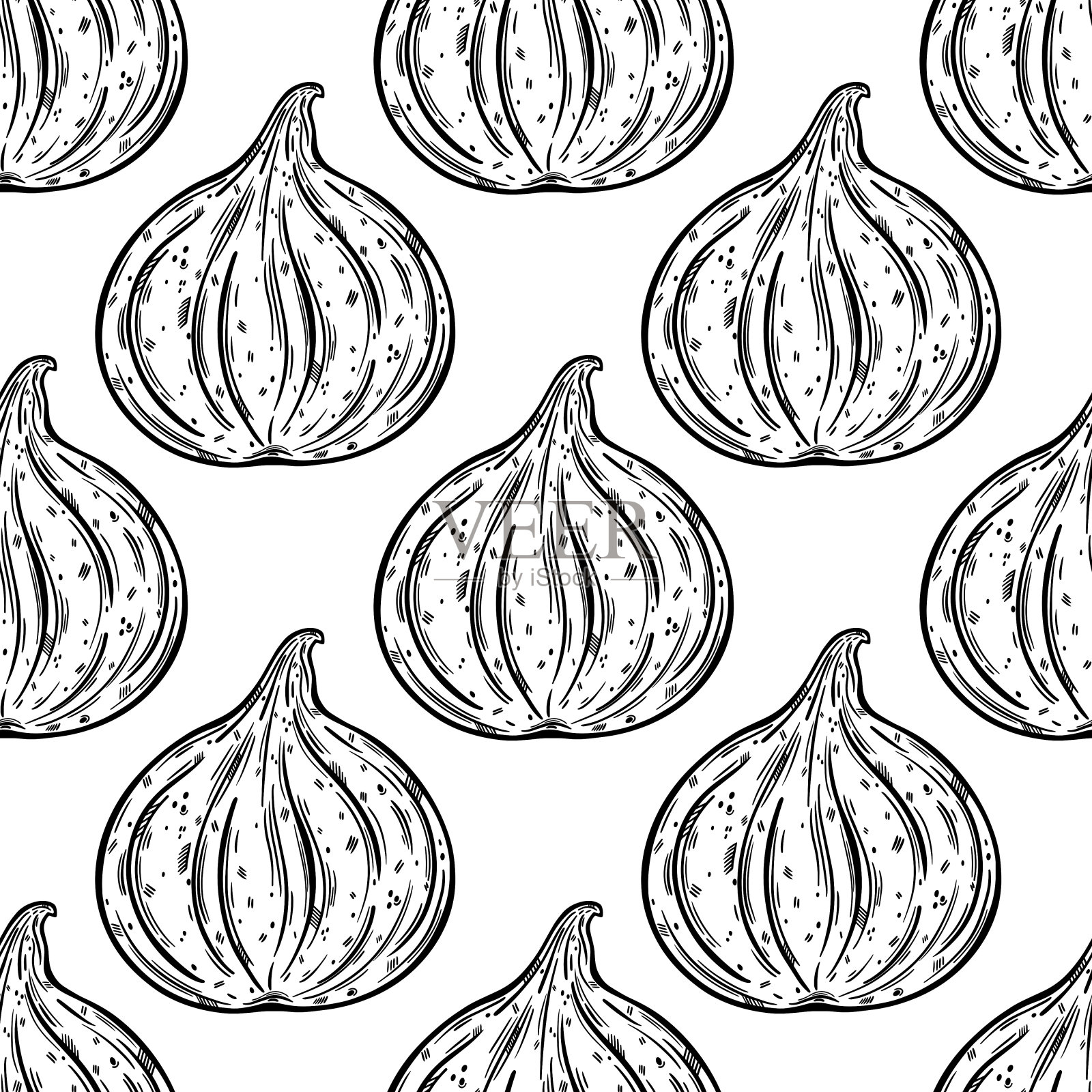 整个无花果无缝矢量模式。成熟的花园水果在剥皮的复古素描。素食植物的单色轮廓。甜蜜的异国情调的甜点。手绘植物背景插画图片素材