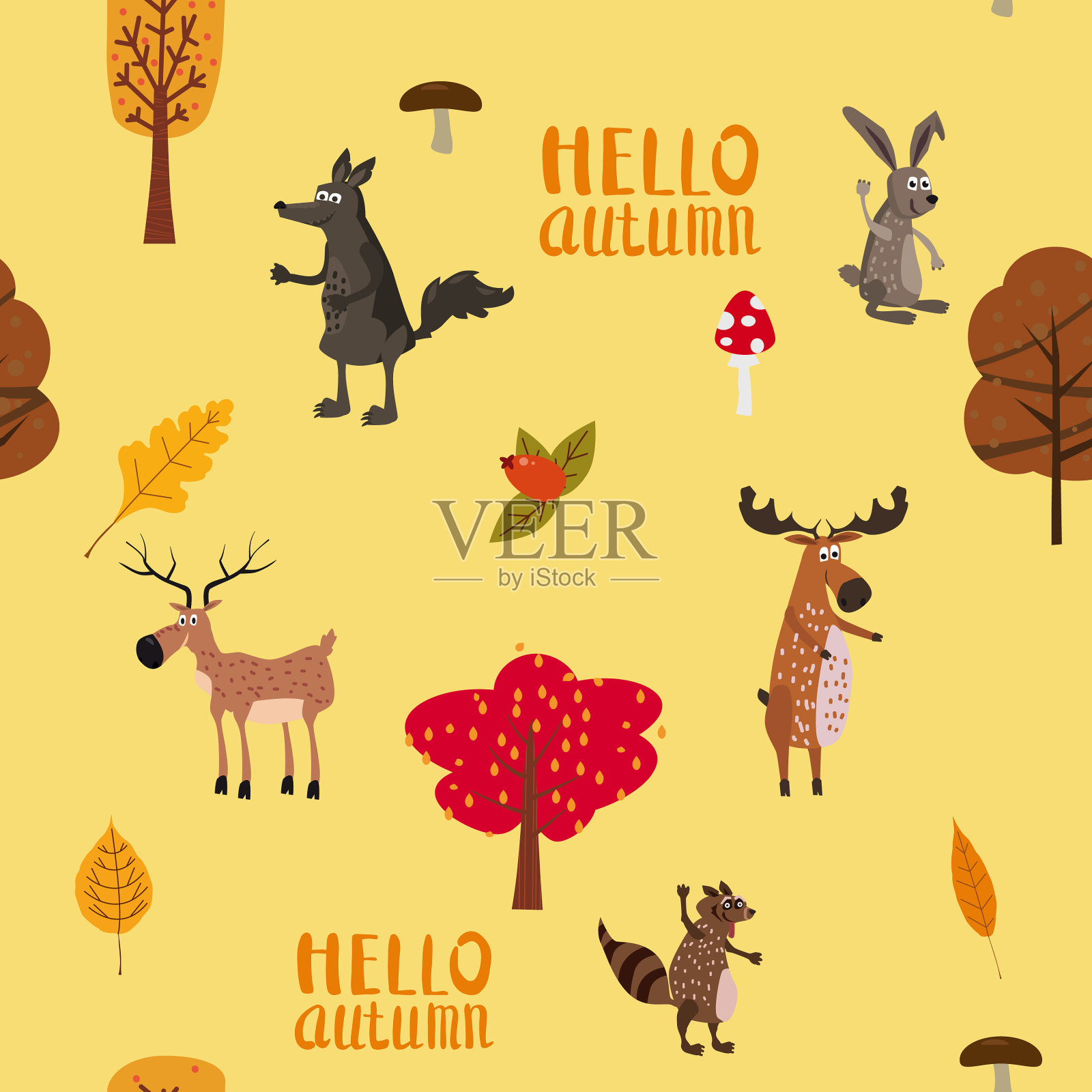 秋天森林里可爱的动物无缝图案插画图片素材