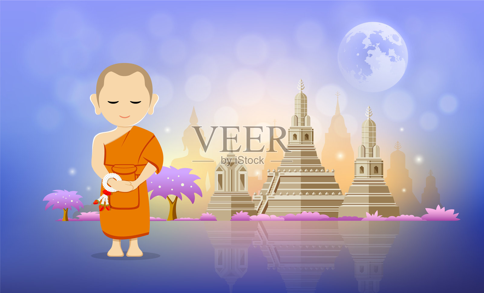 泰国和尚和佛塔寺庙设计插画图片素材