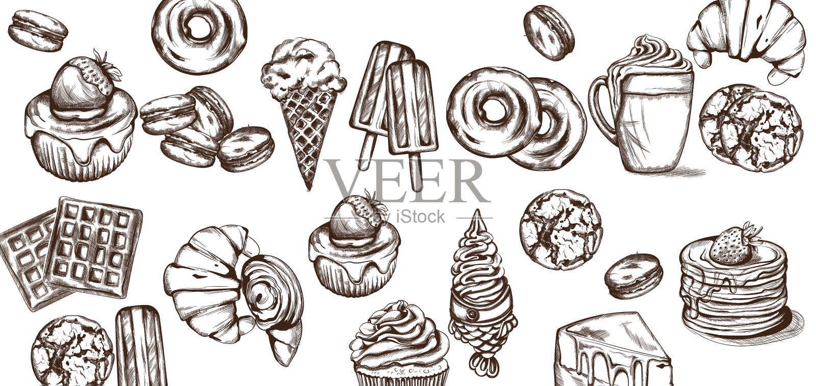 糖果图案线条艺术风格的冰淇淋羊角面包插画图片素材