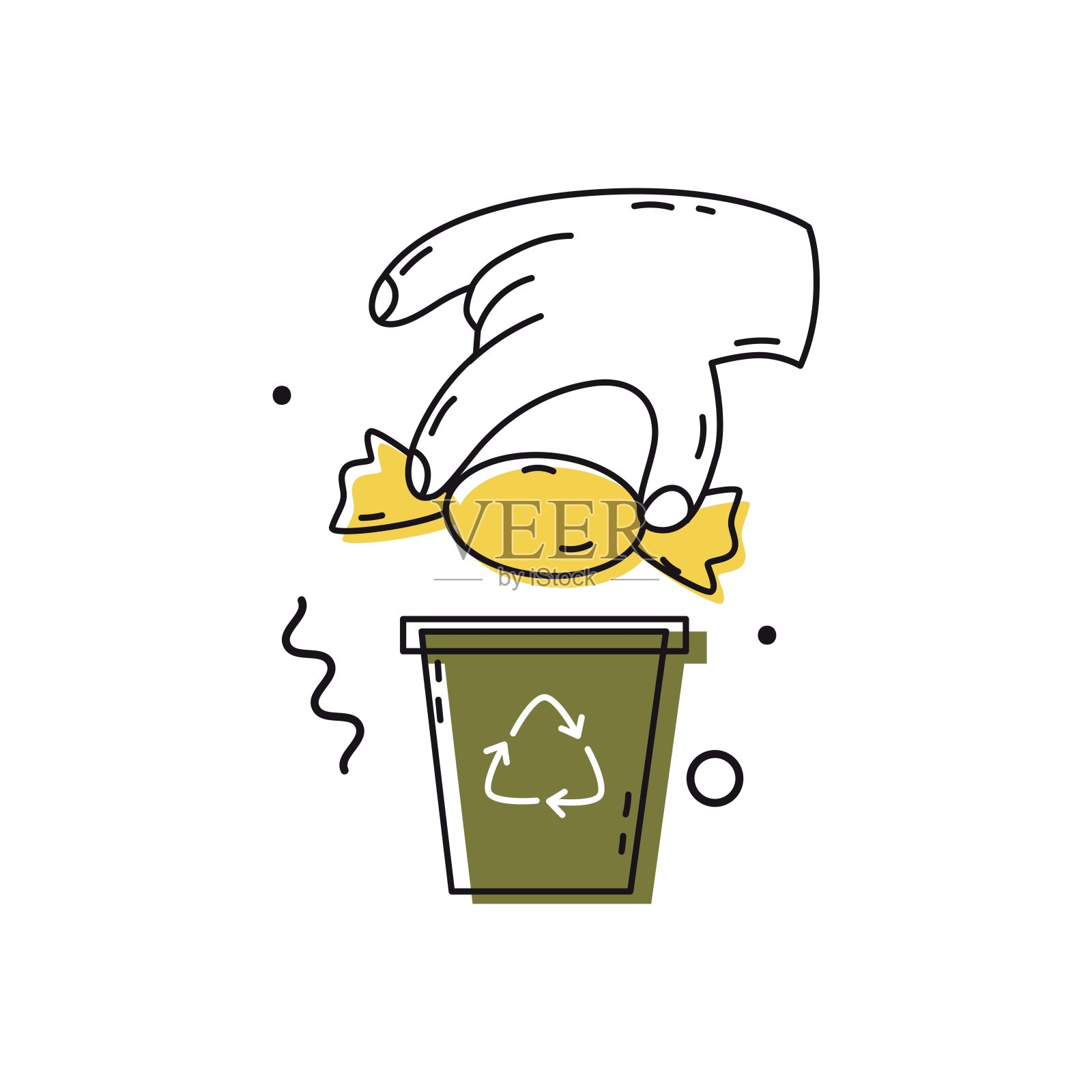 手把糖果扔进垃圾桶。快餐或健康食品的概念。选择正确的营养。拒绝甜食和垃圾食品。平面风格的矢量插图。孤立的元素。设计元素图片