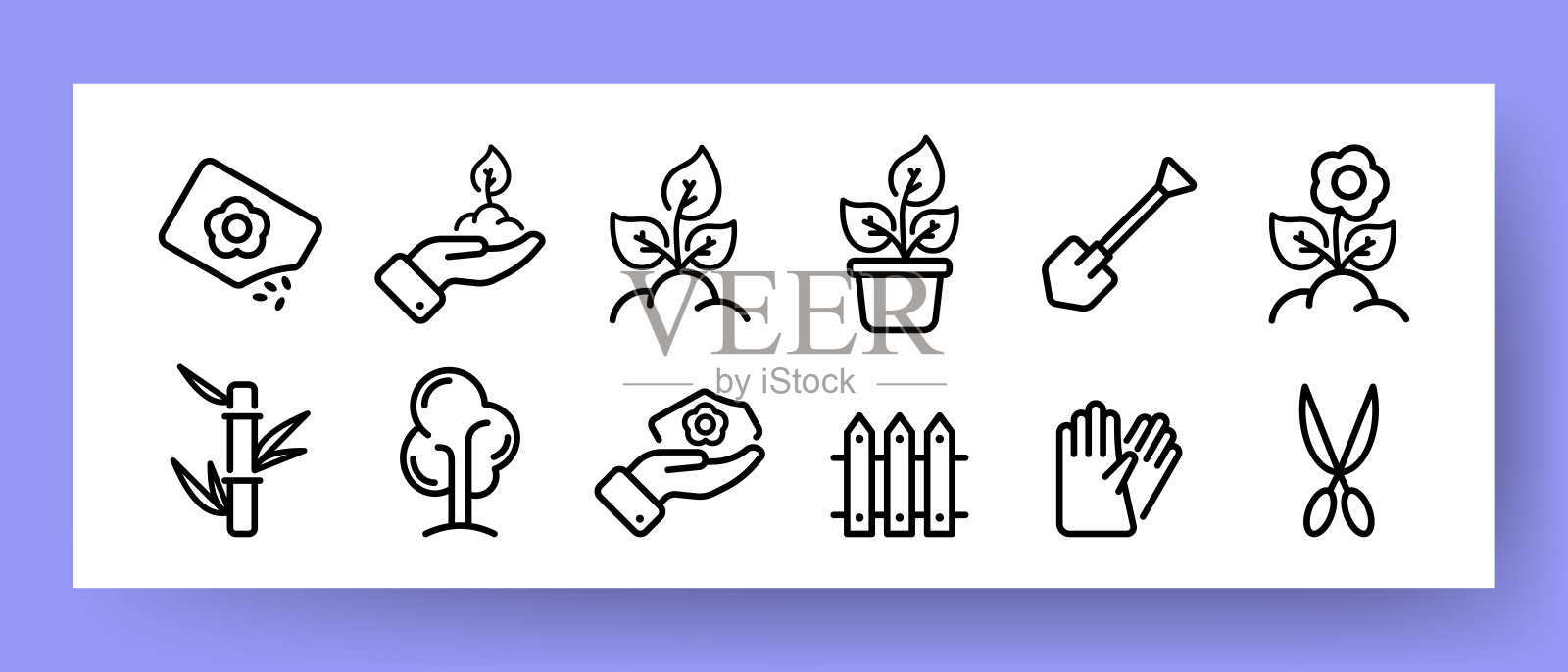 种植设置图标。种子、芽、植物、铲子、花、树、肥料、手套、剪刀。园艺的概念。矢量线图标的业务和广告图标素材