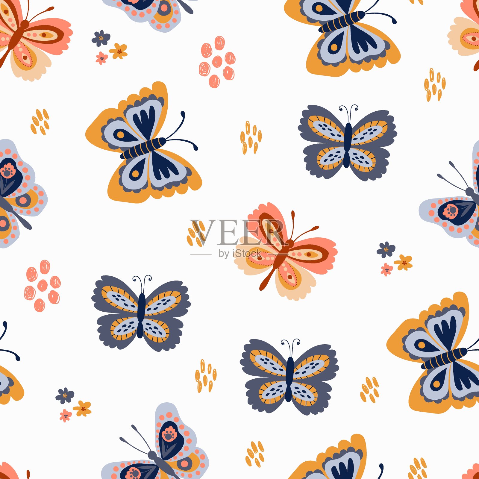 无缝图案与可爱的蝴蝶。设计面料，纺织品，墙纸，包装。插画图片素材