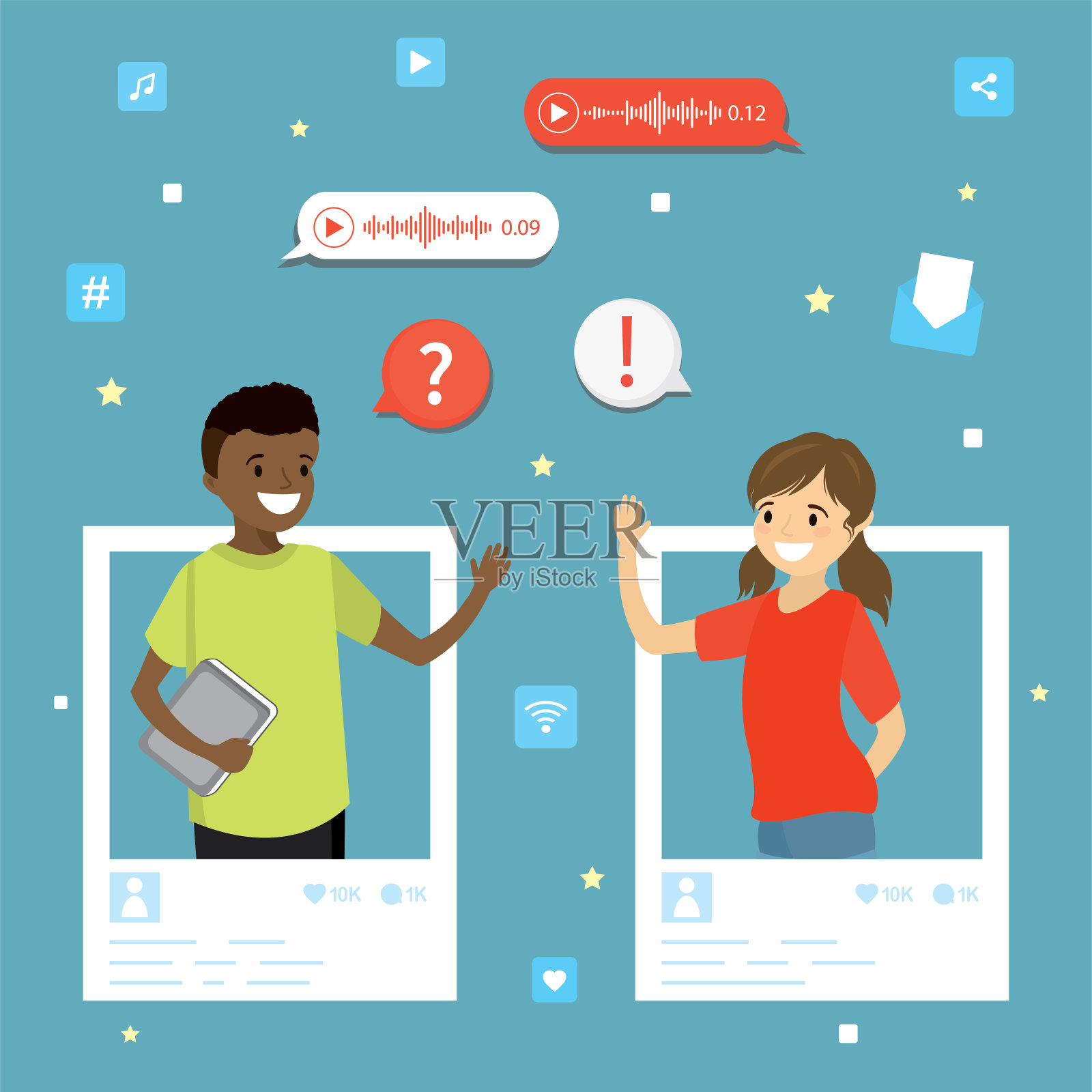 多种族的孩子在社交网络上交谈。用于文本和语音信息的应用程序。在线技术，全球聊天。网上交友。社交媒体账号，人际关系。青少年交流。插画图片素材